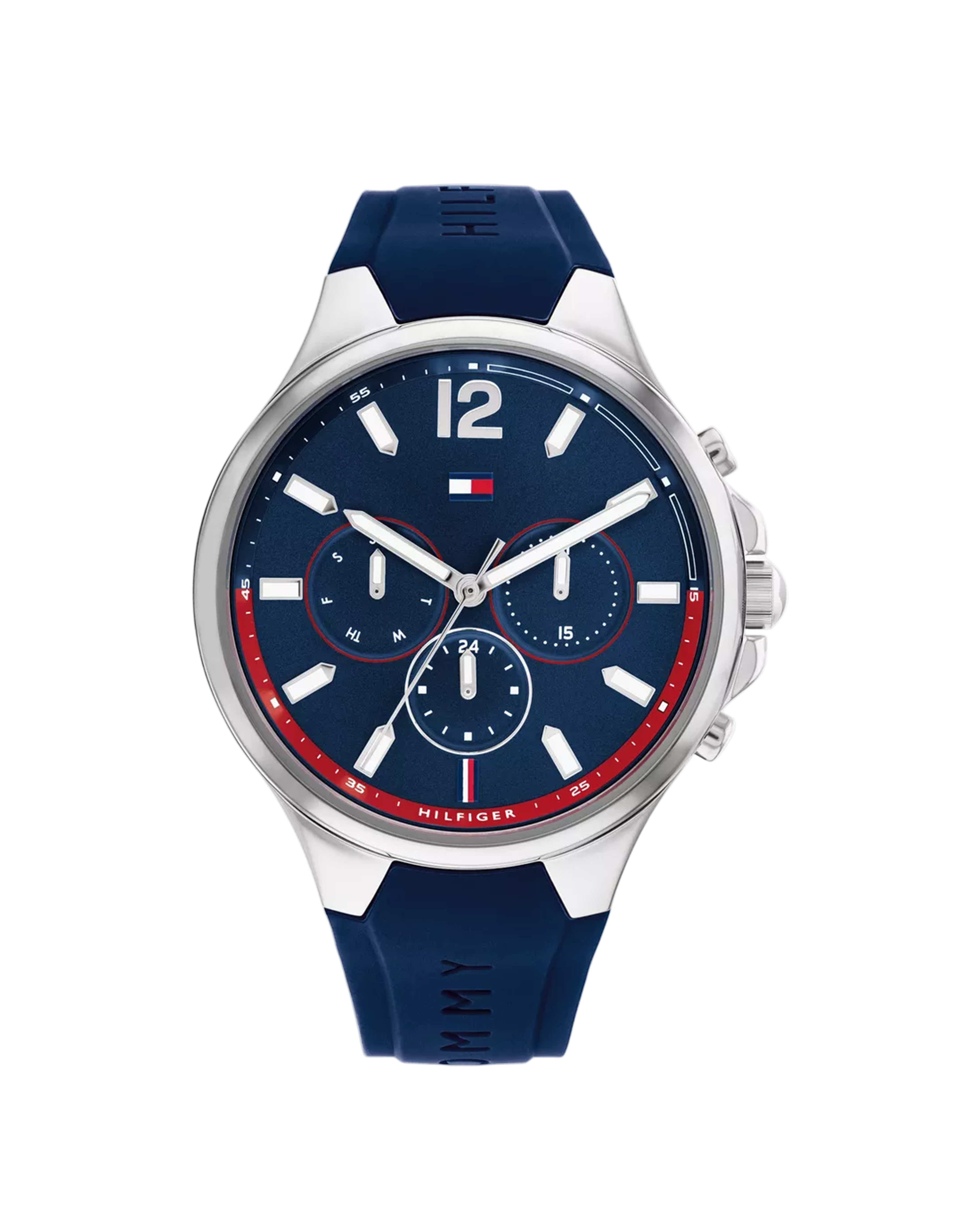 Tommy Hilfiger watch with blue strap and navy dial on a white background