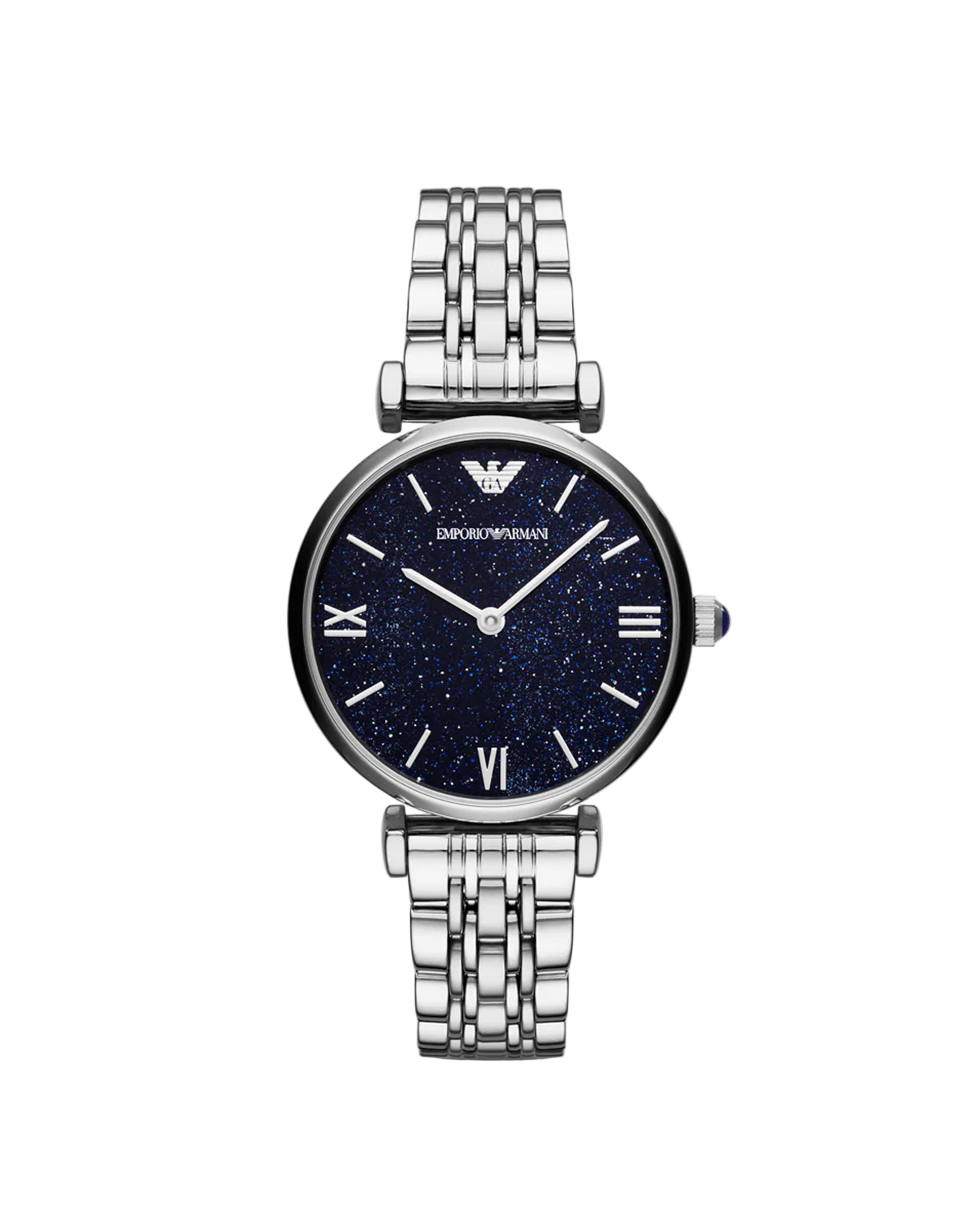 Silver watch with a dark blue starry dial on a white background