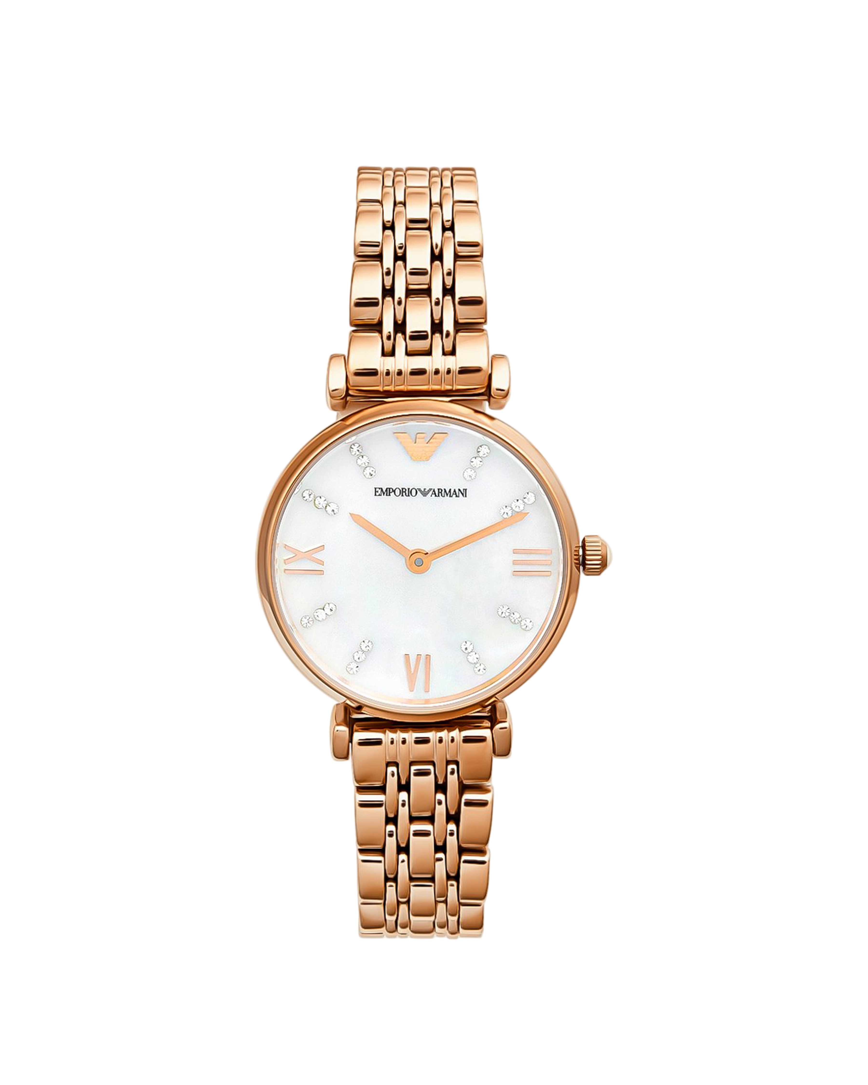 Rose gold watch with a white face on a light gray background