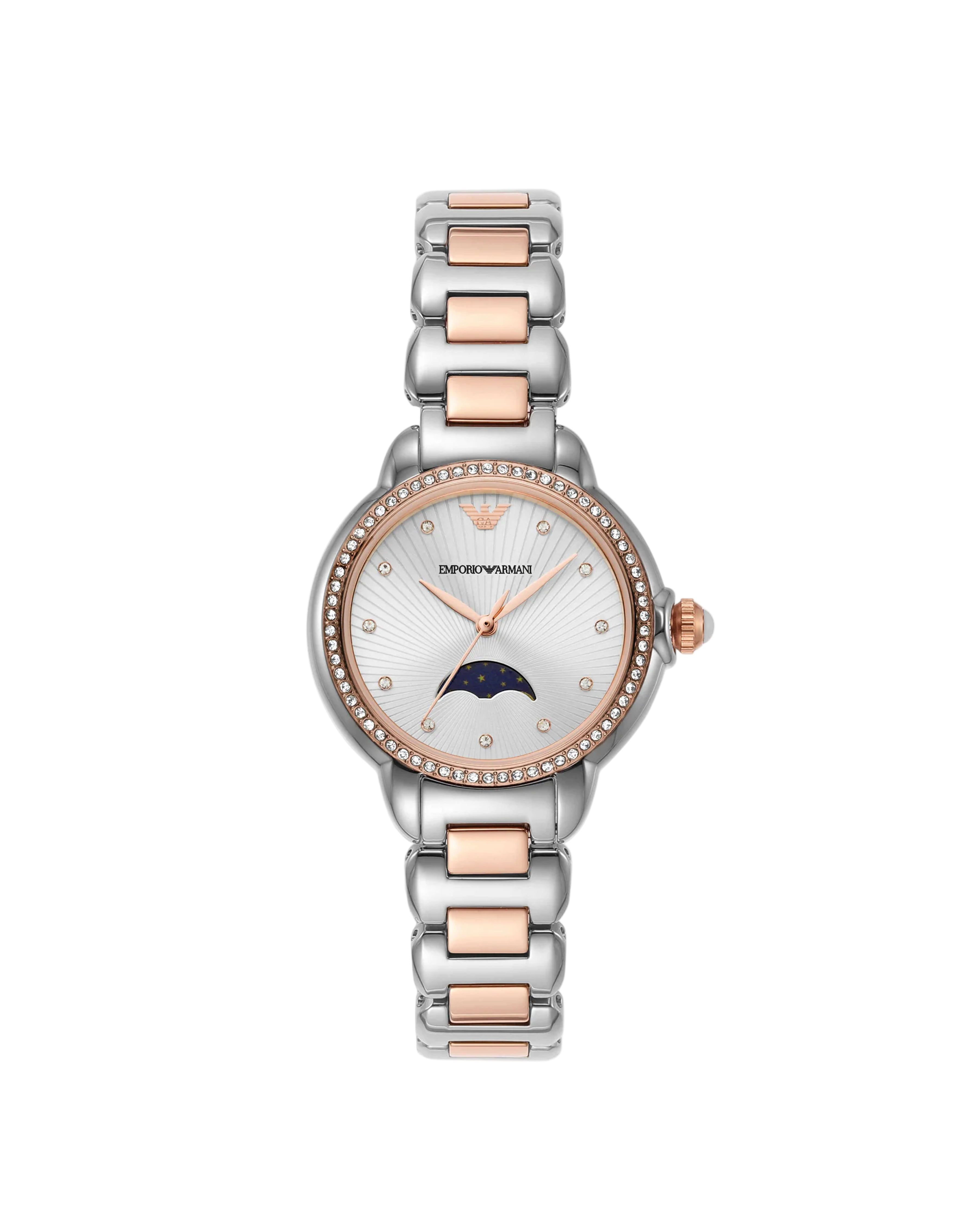 Silver and rose gold watch with a white face on a white background