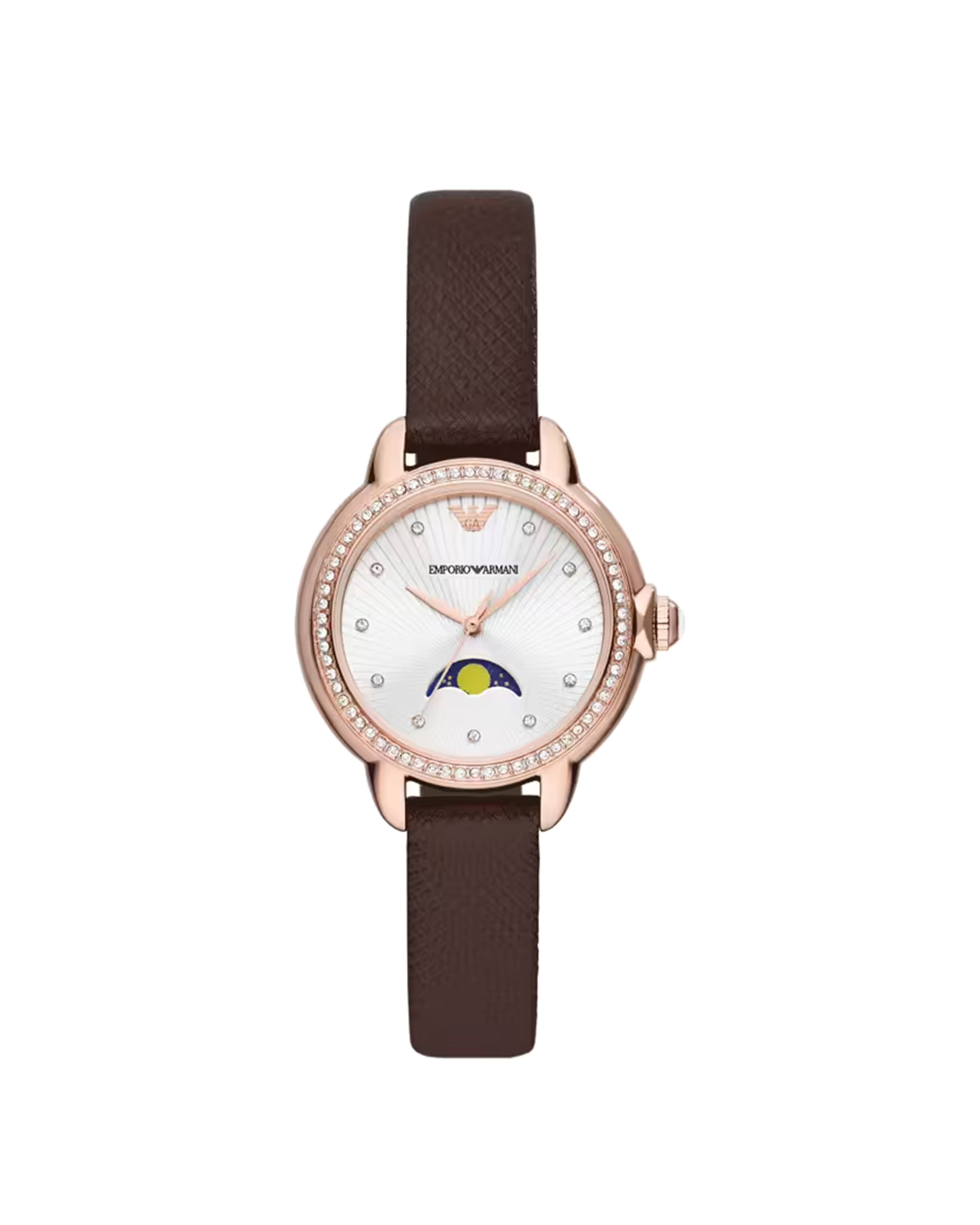 Watch with brown leather strap and rose gold case on white background