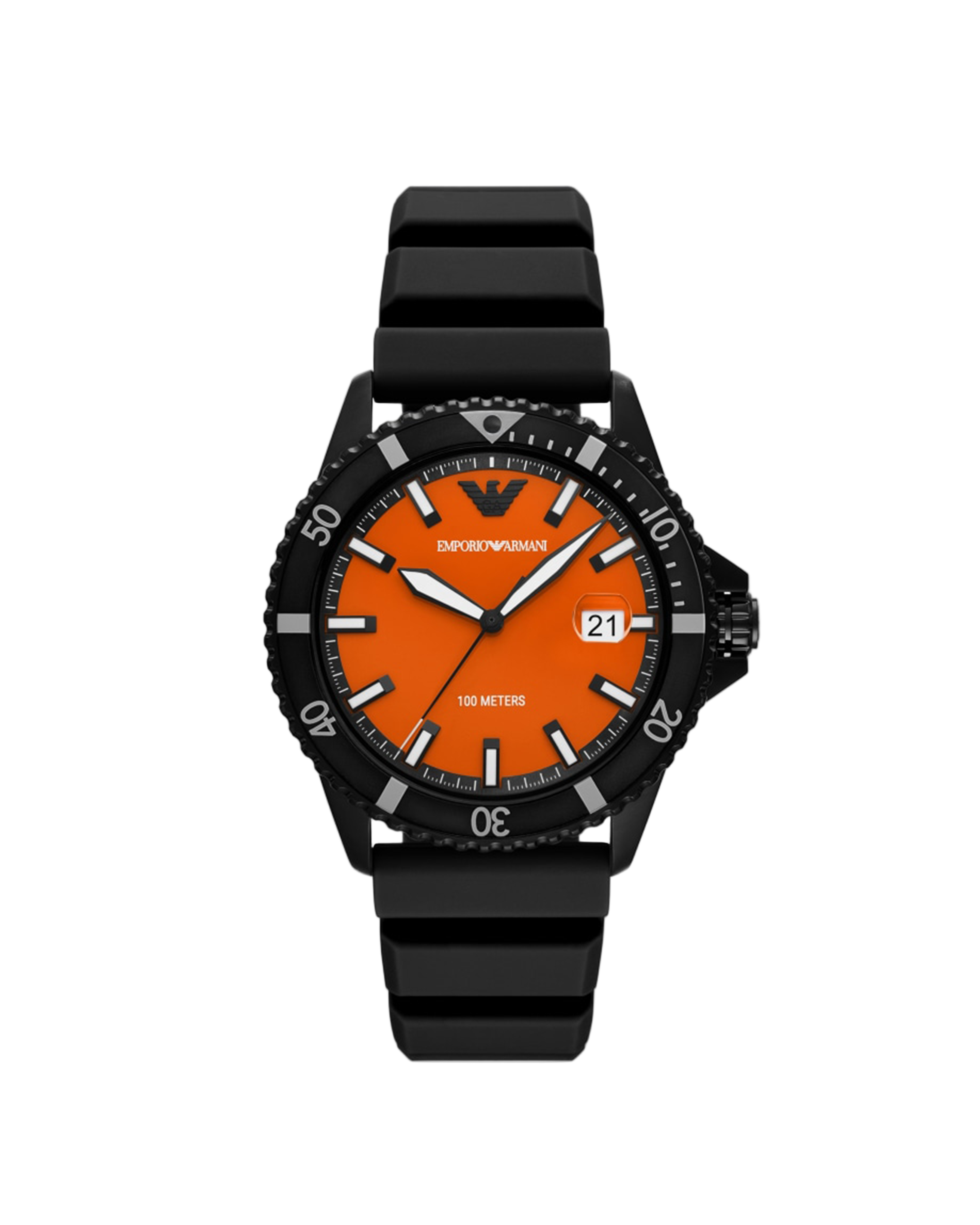 Black watch with orange face on a white background