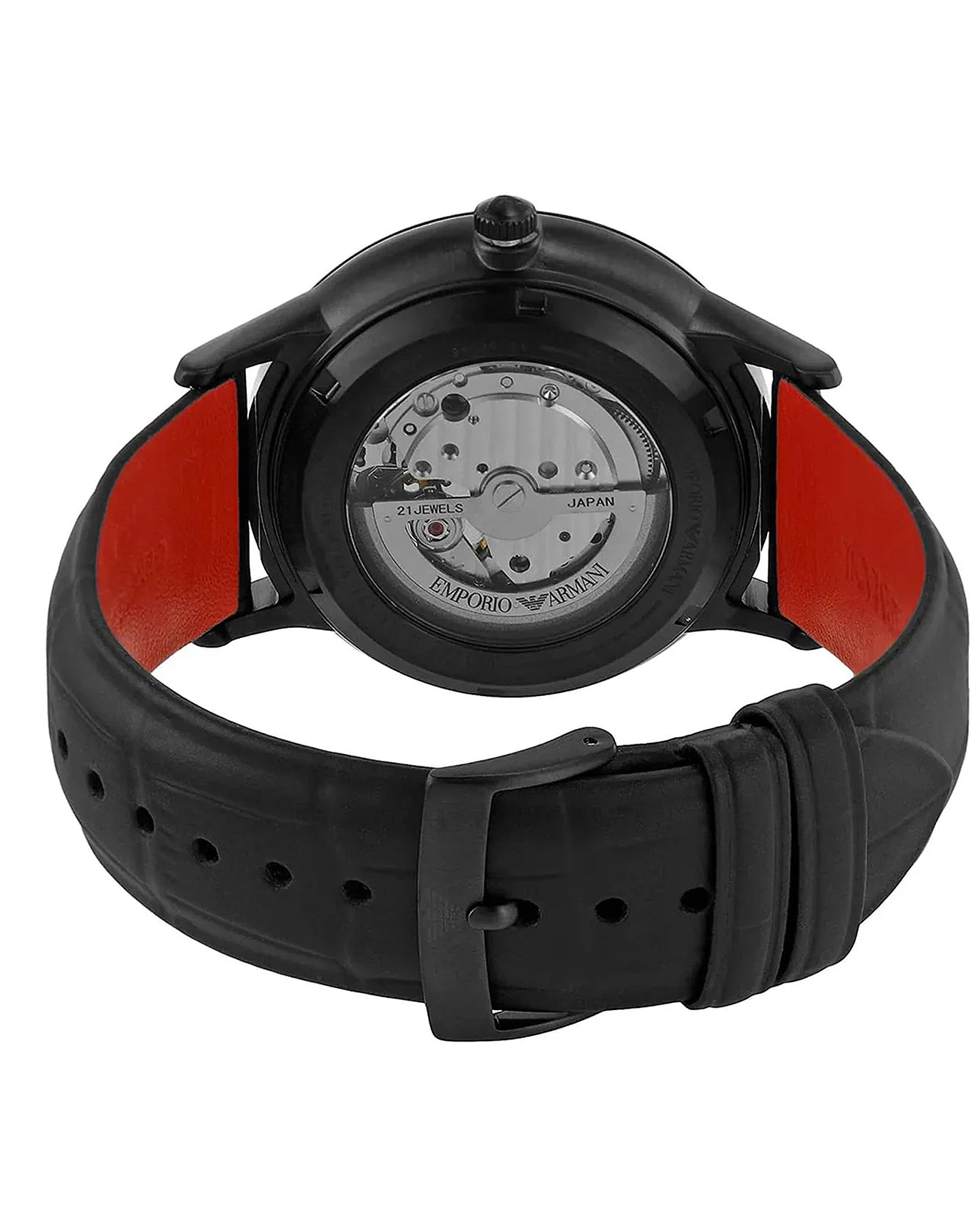 Black Emporio Armani watch with red interior on a white background