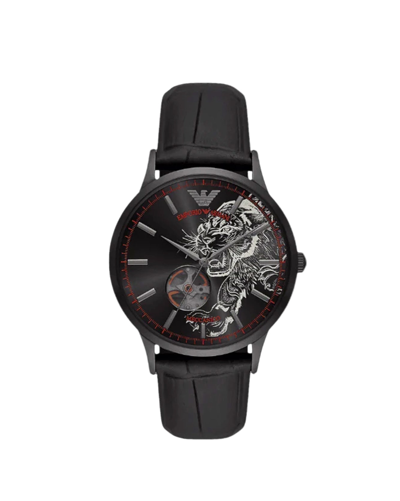 Black watch with detailed face on a white background