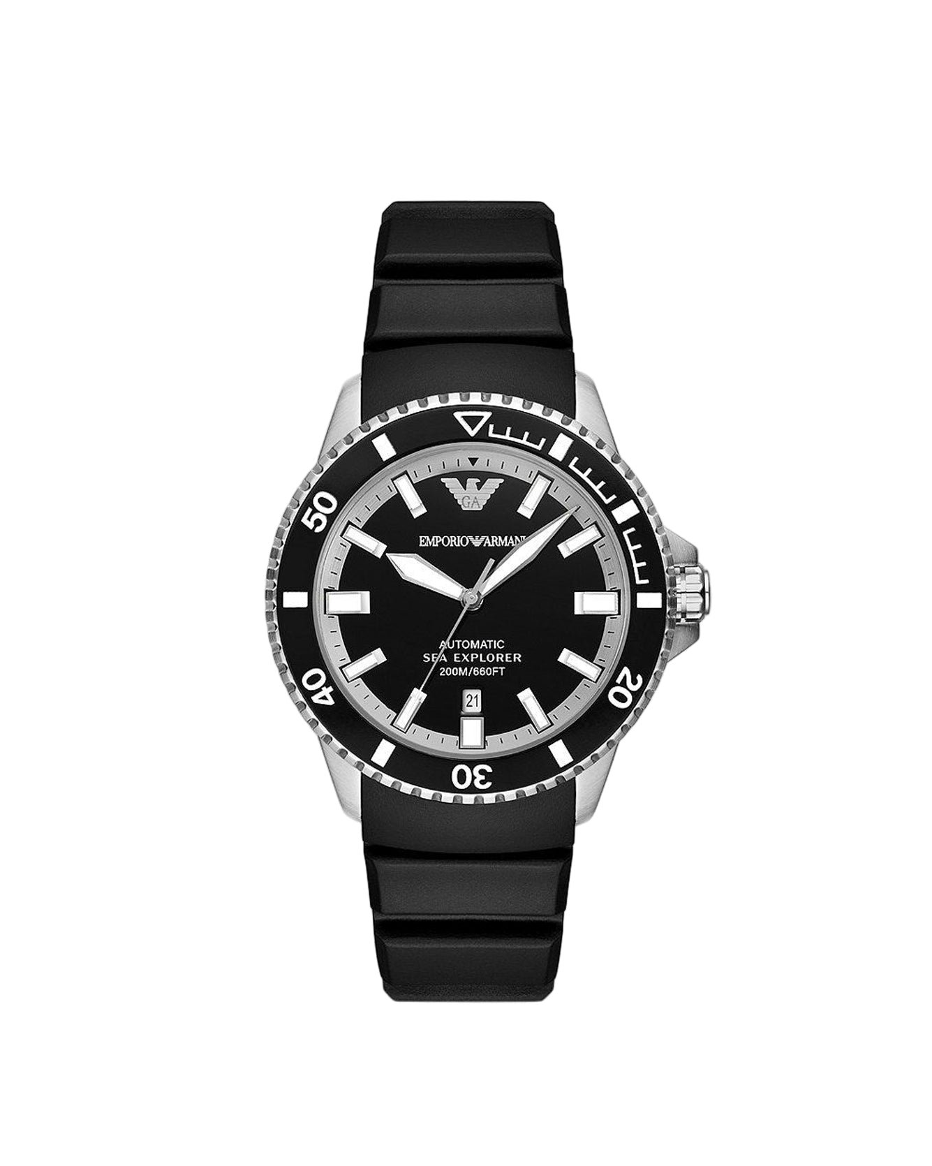 Black watch with a white face on a white background