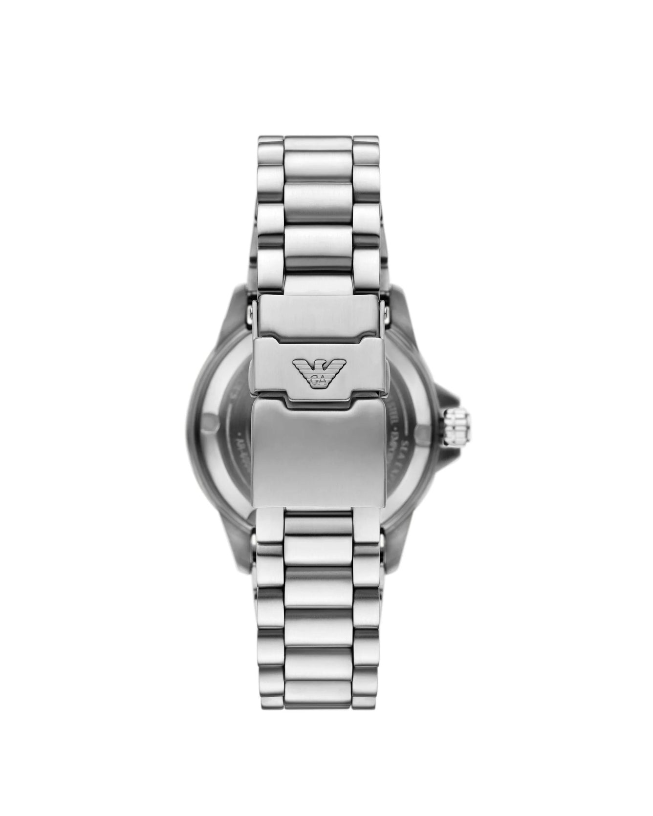 Silver watch with a brand logo on a white background