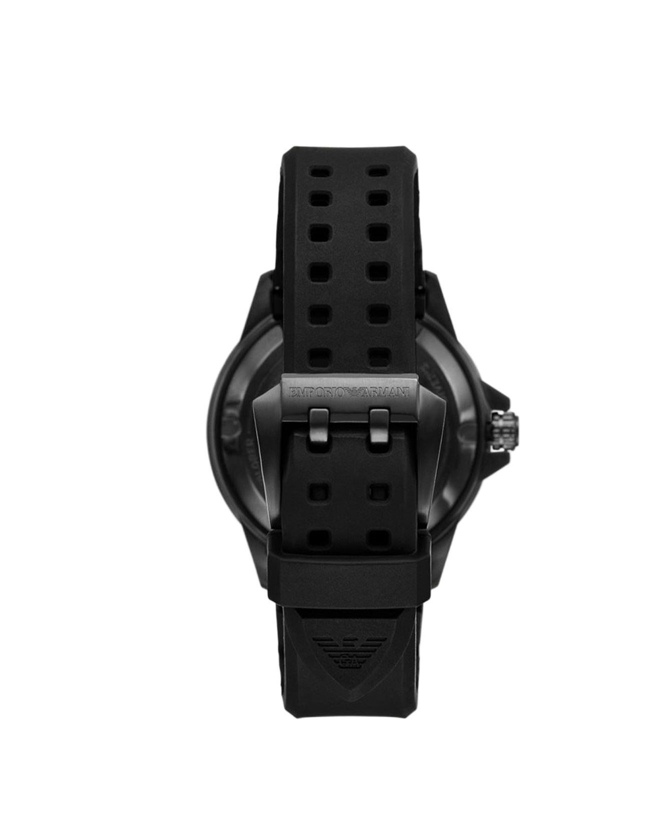 Black watch with a detailed back design on a white background