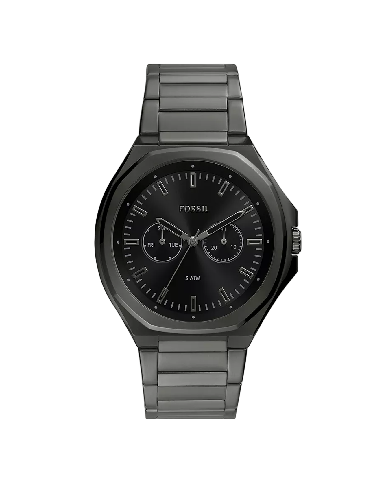Black Fossil watch with metallic band on a white background