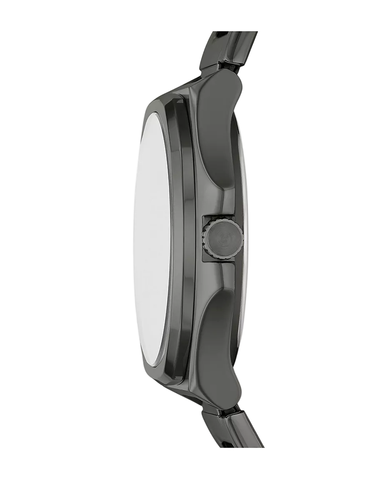 Close-up of a watch with a metallic band on a white background