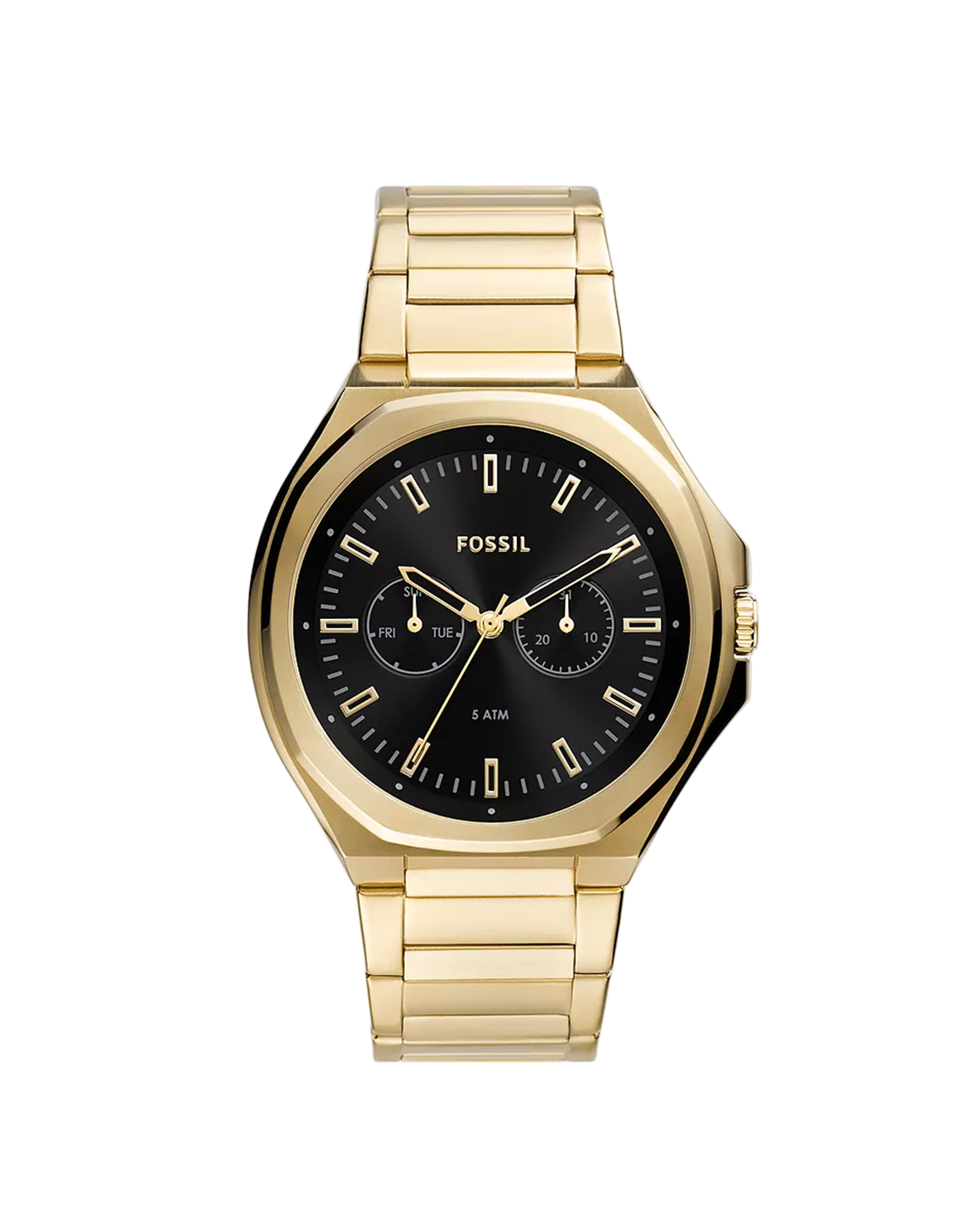 Gold wristwatch with black dial on a white background