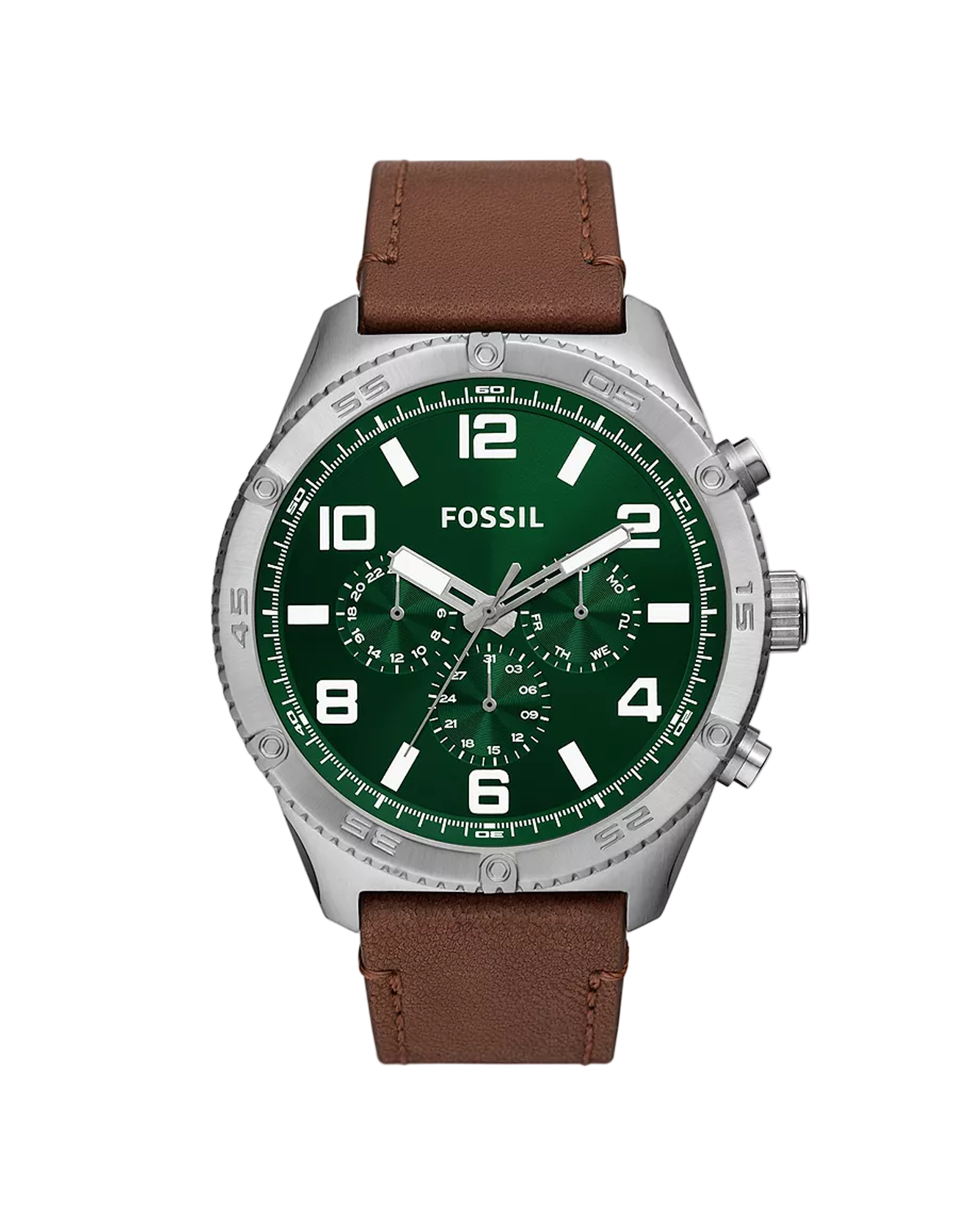 Fossil watch with green face and brown leather strap on a white background