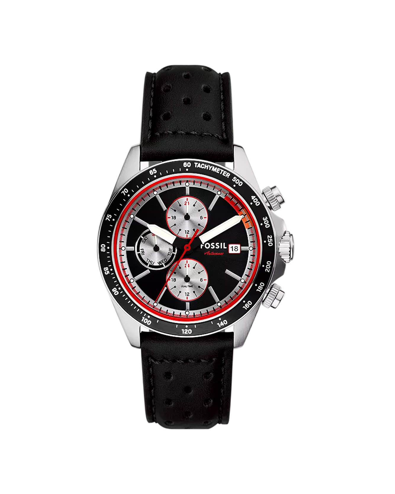 Black leather strap Fossil watch with red accents on a white background