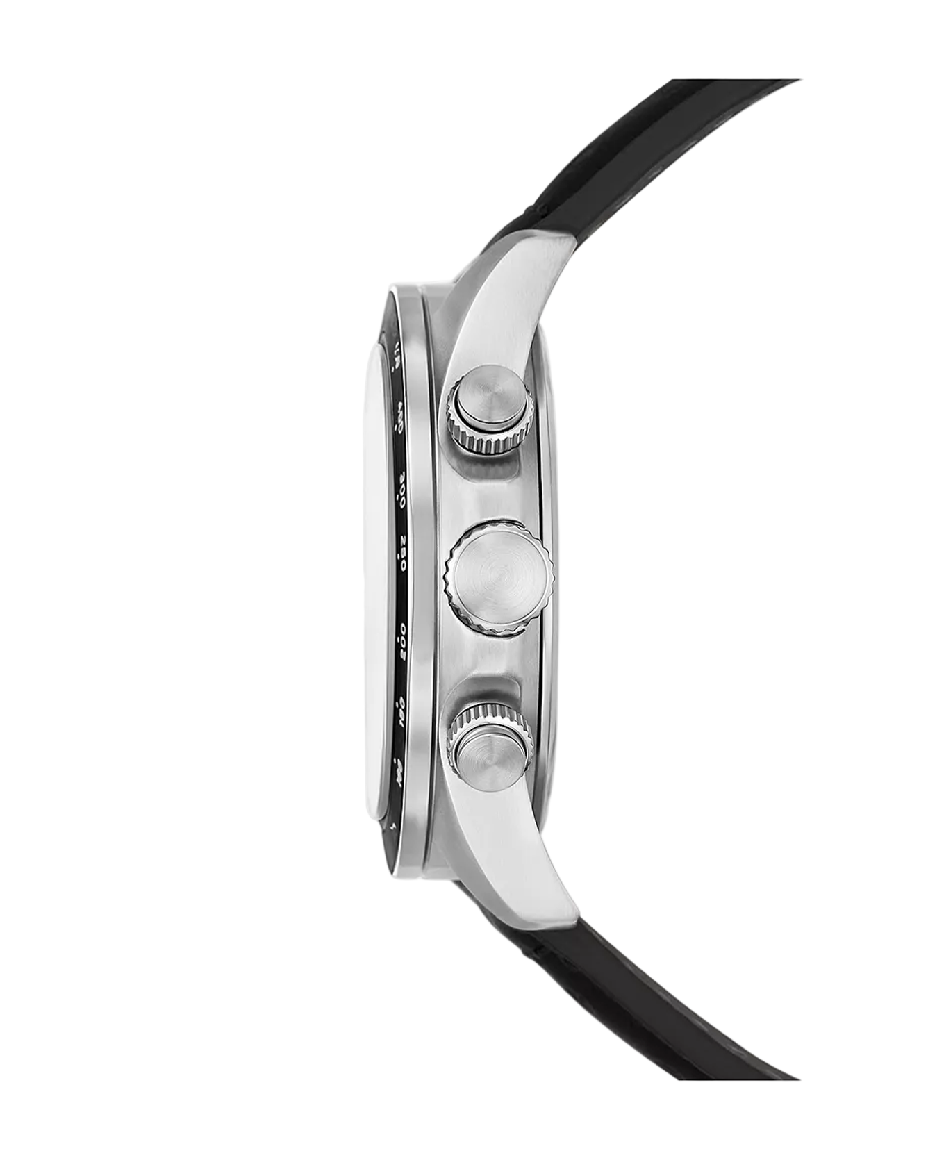 Close-up of a watch with a black strap and silver case on a white background