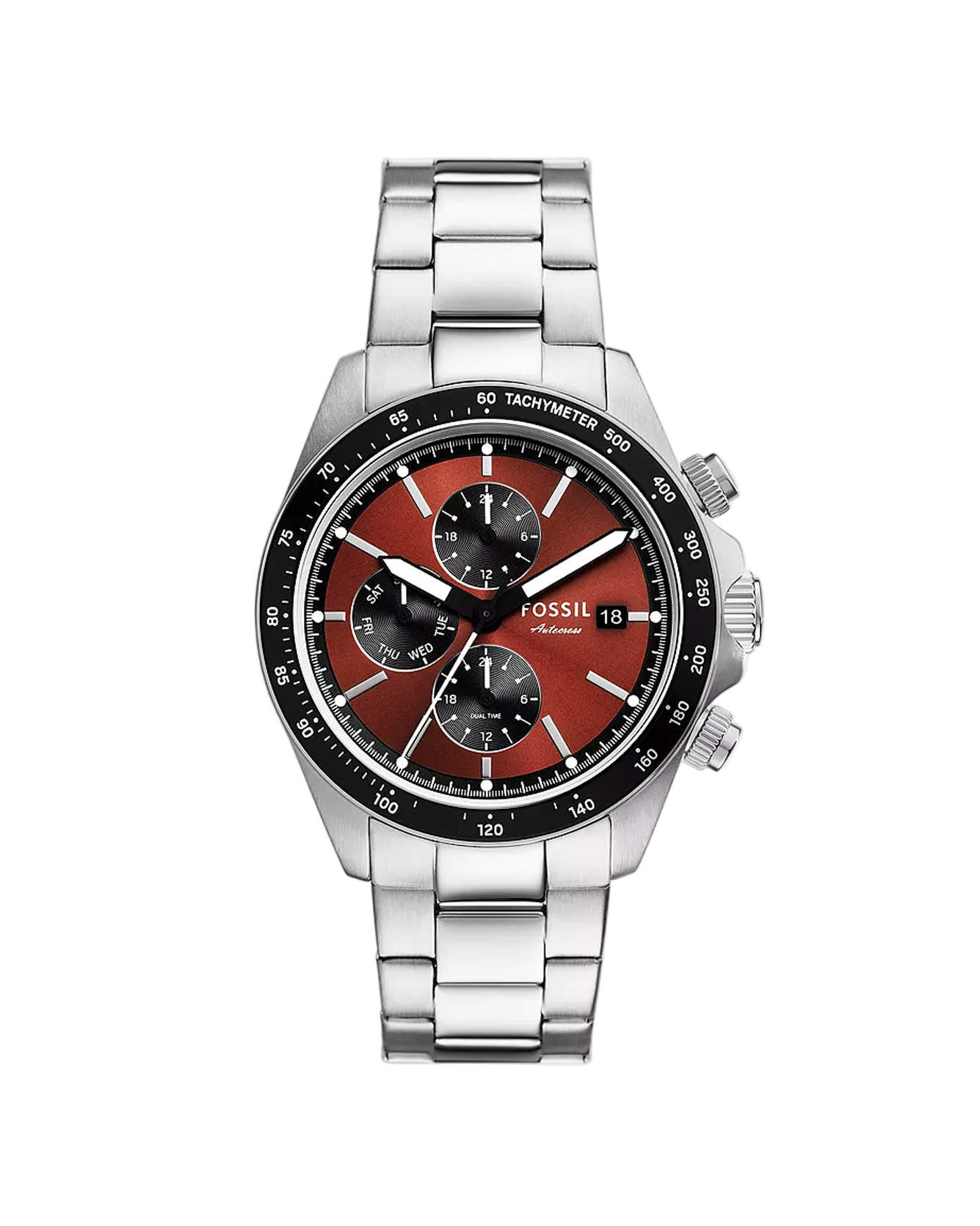 Fossil watch with silver band and red face on a white background