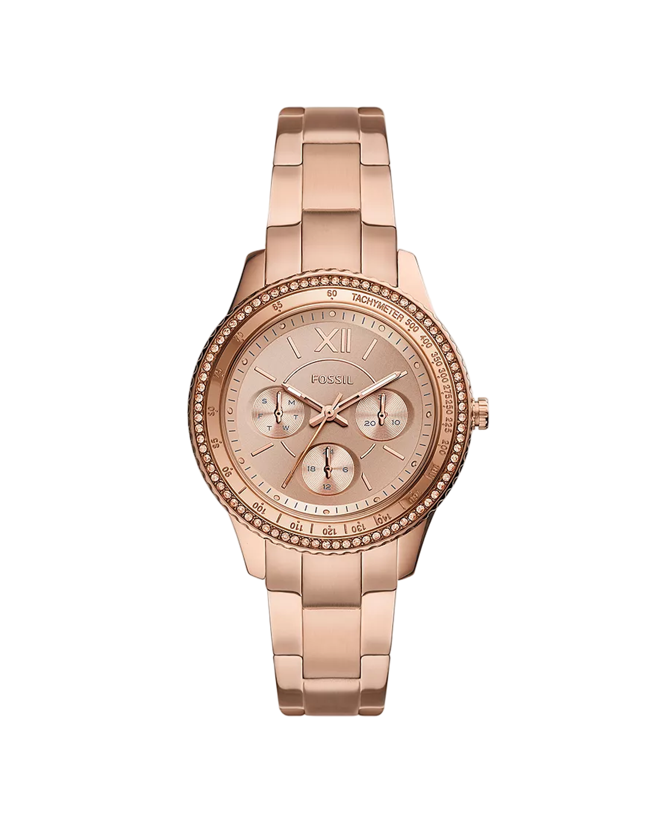 Rose gold watch with a detailed face on a white background