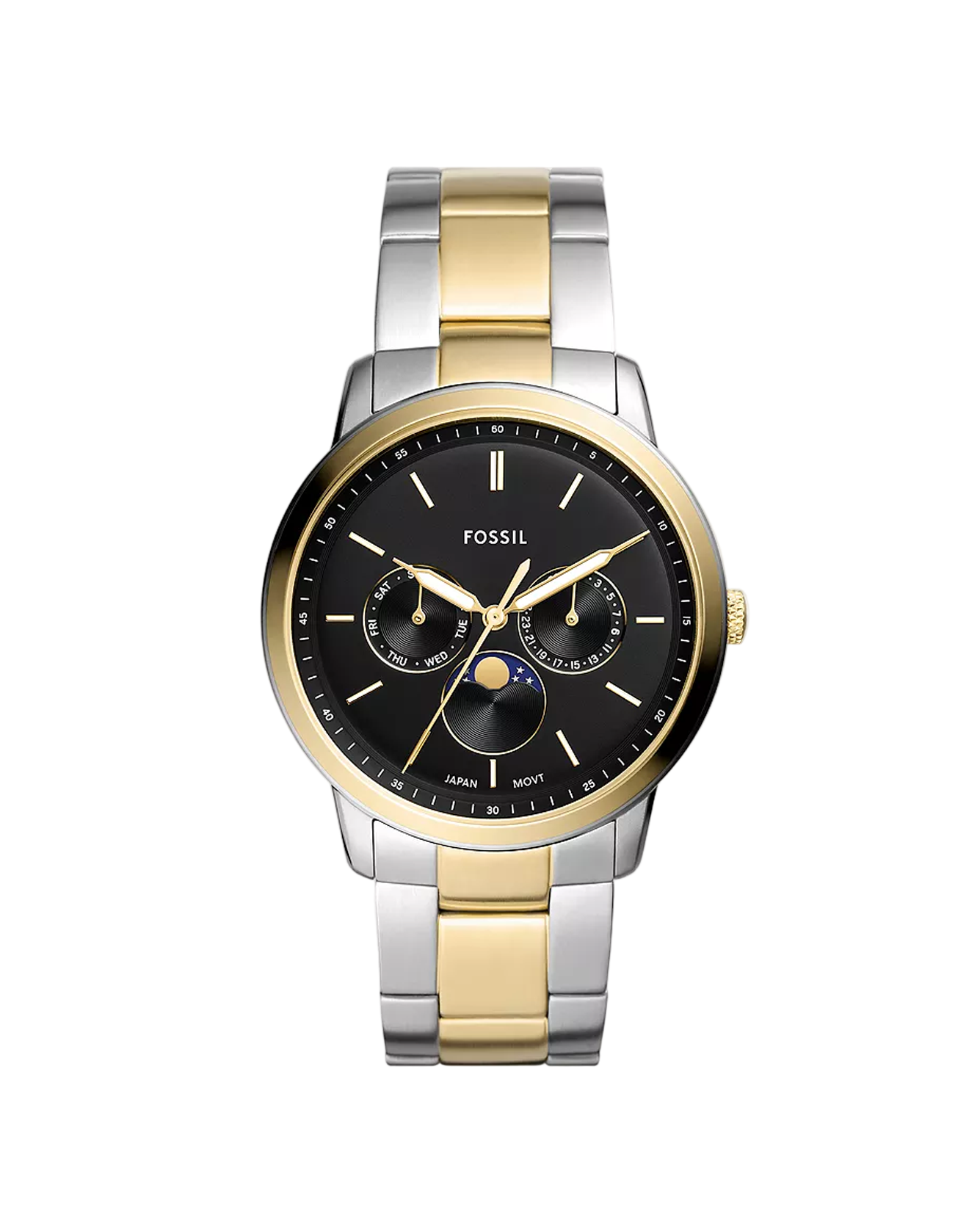 Two-tone Fossil watch with black dial on a white background