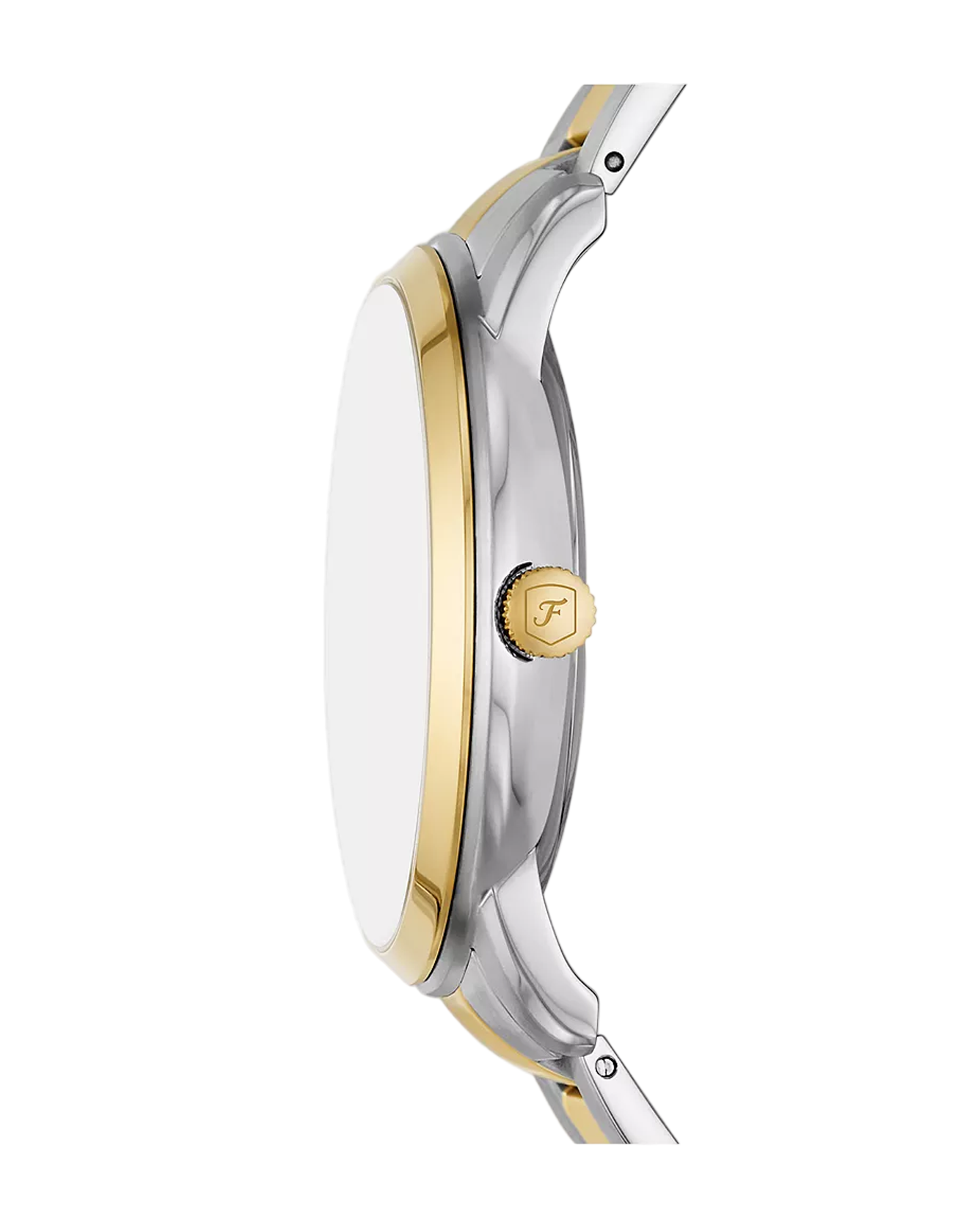 Close-up of a silver and gold watch with a brand logo on a white background