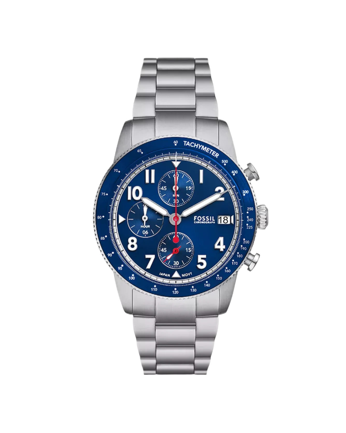 Silver watch with a blue face on a white background