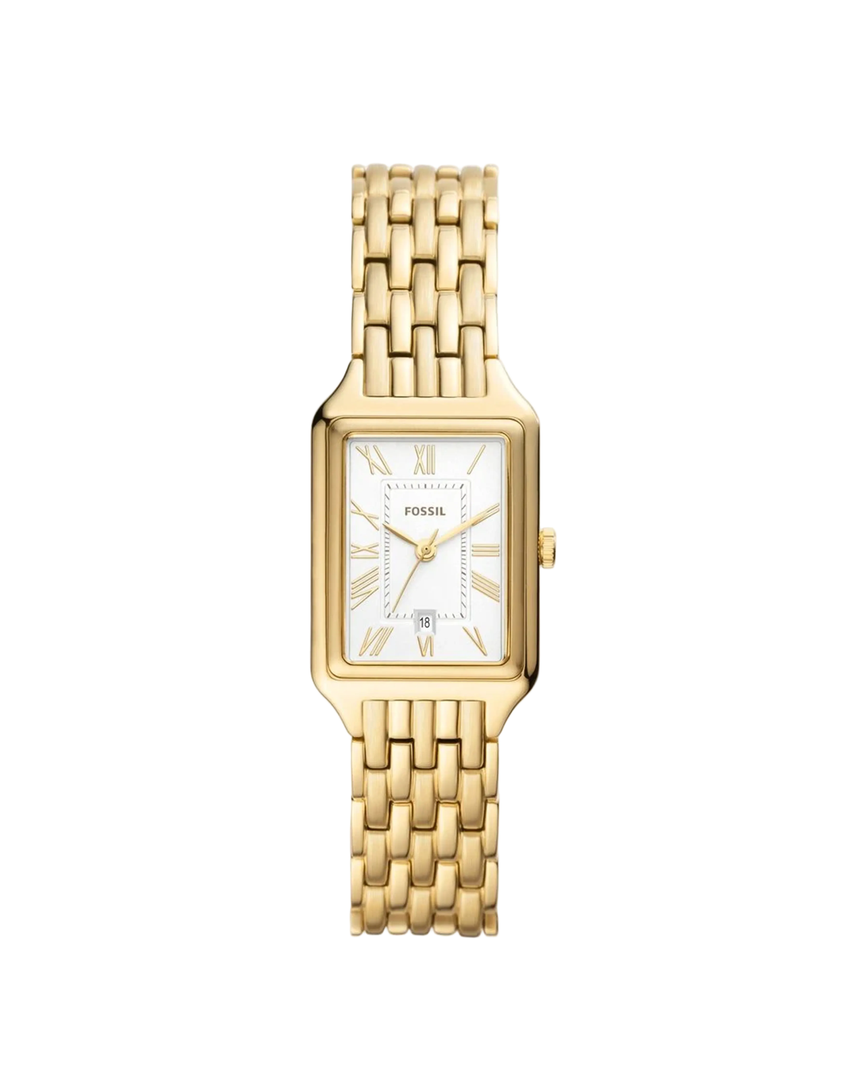 Gold wristwatch with a white face on a white background