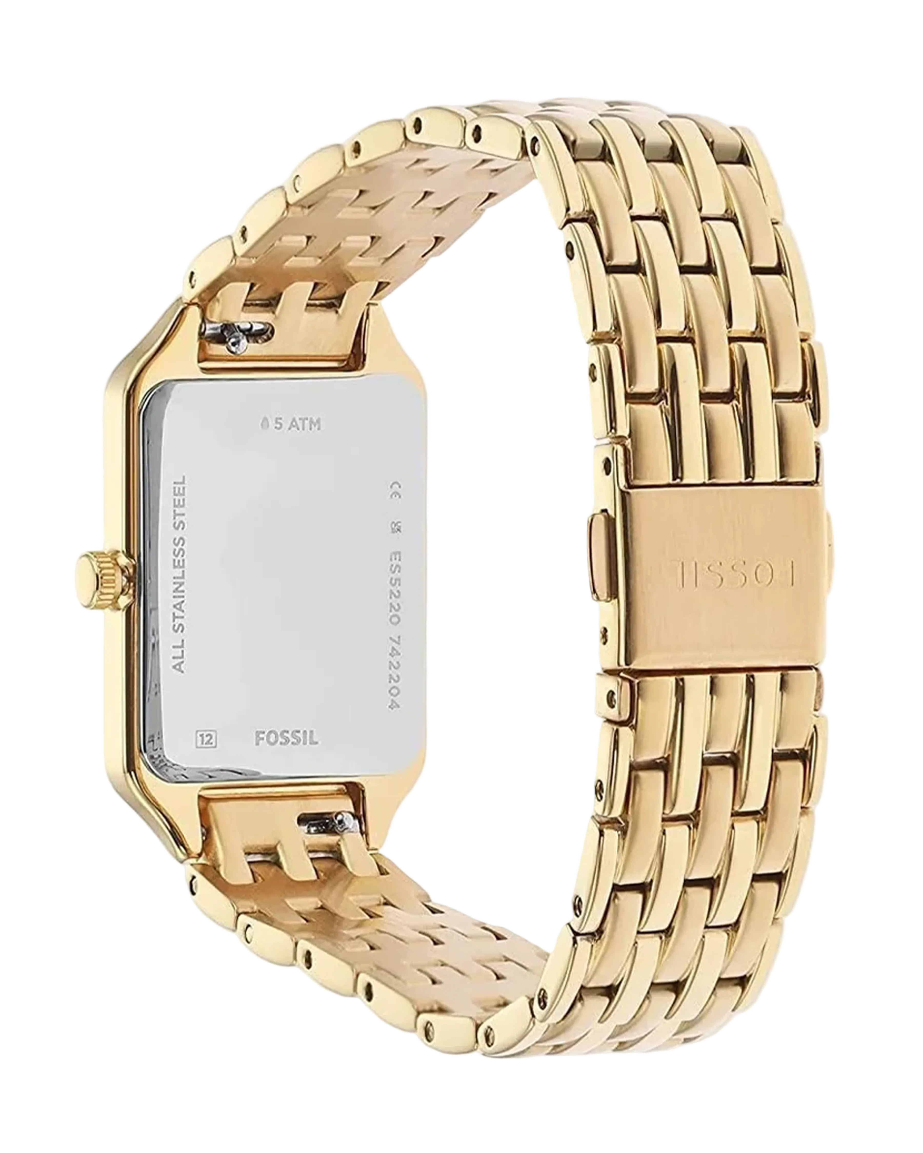 Gold watch with a metallic band on a white background