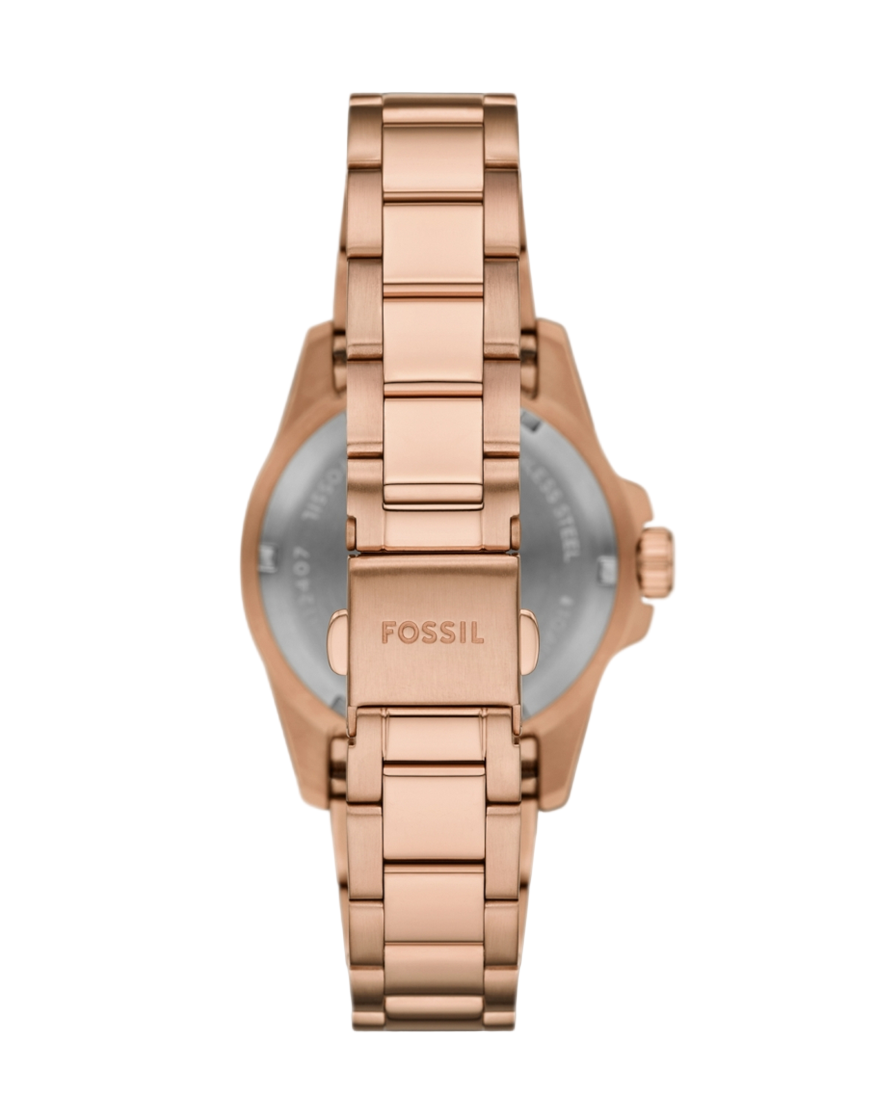 Rose gold Fossil watch on a white background
