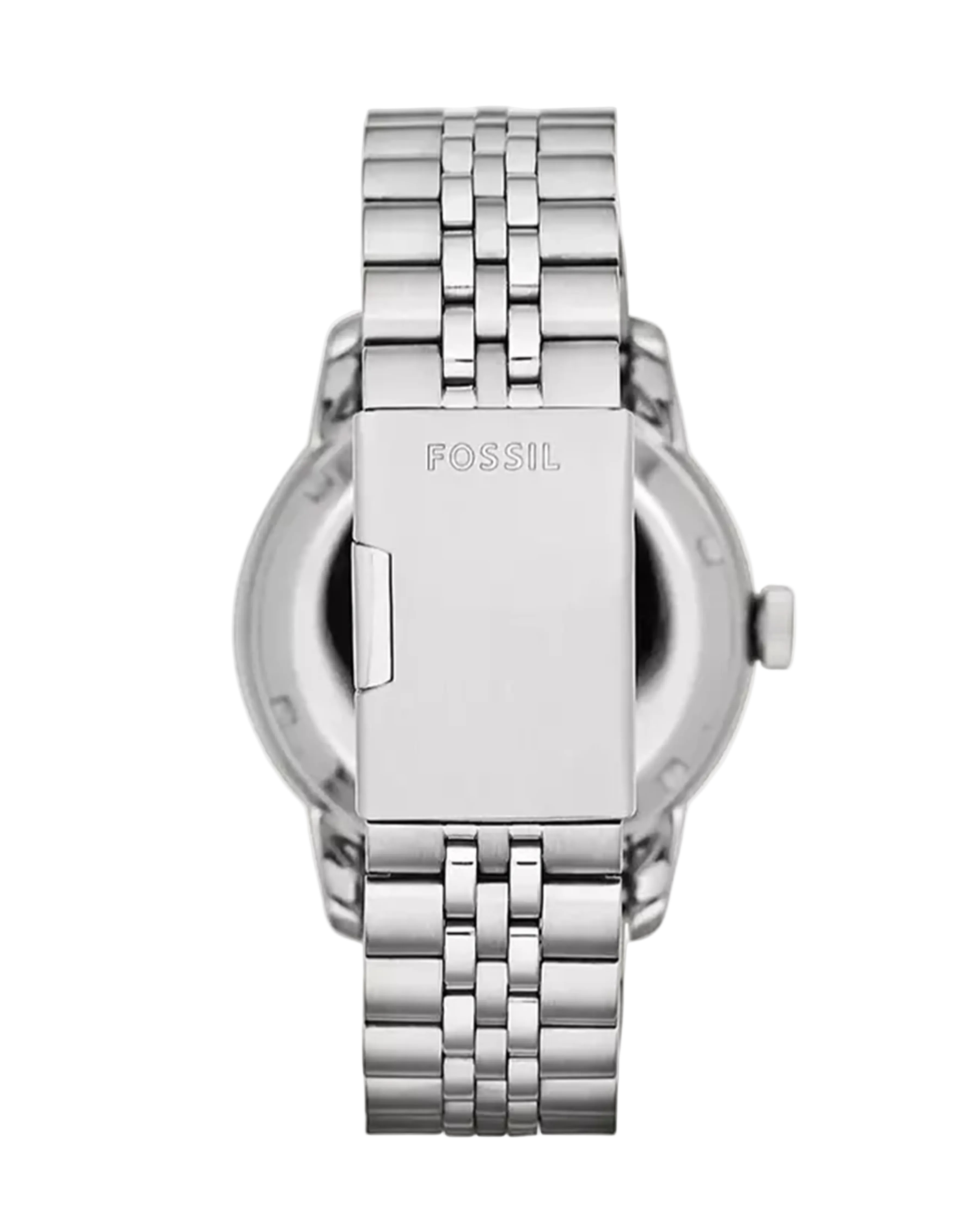 Silver Fossil watch with metal band on a white background