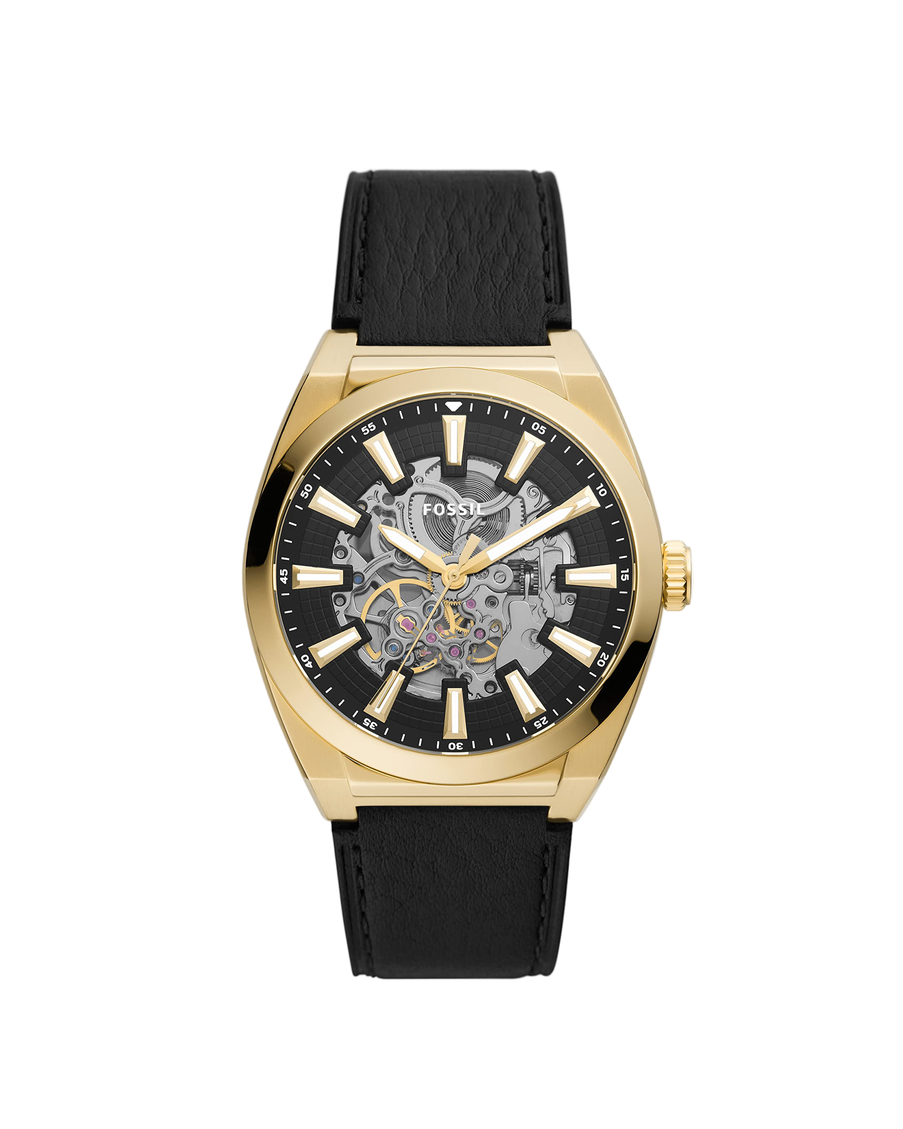 Gold watch with black strap and visible brand name on a white background