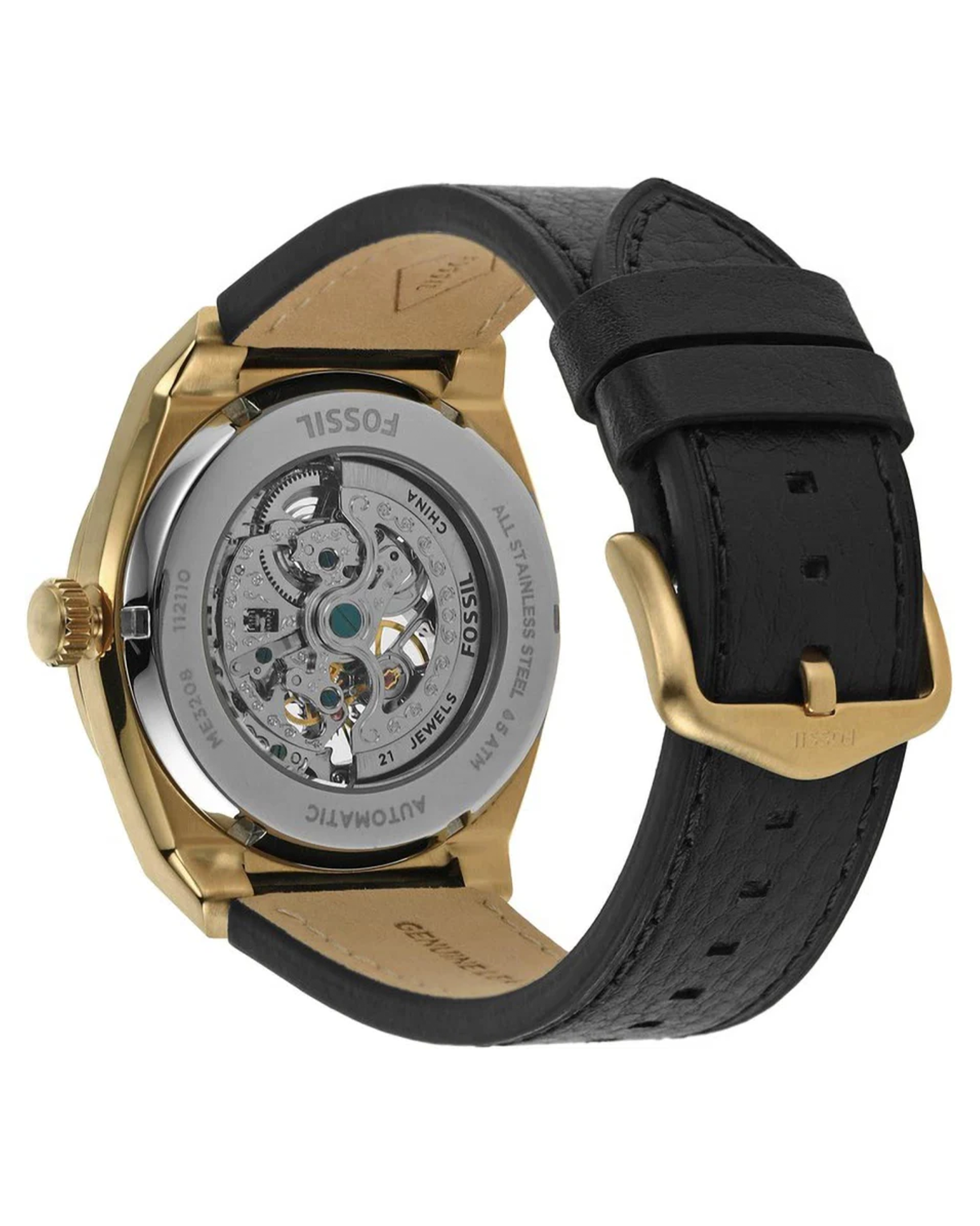 Fossil watch with black leather strap and gold case on a white background