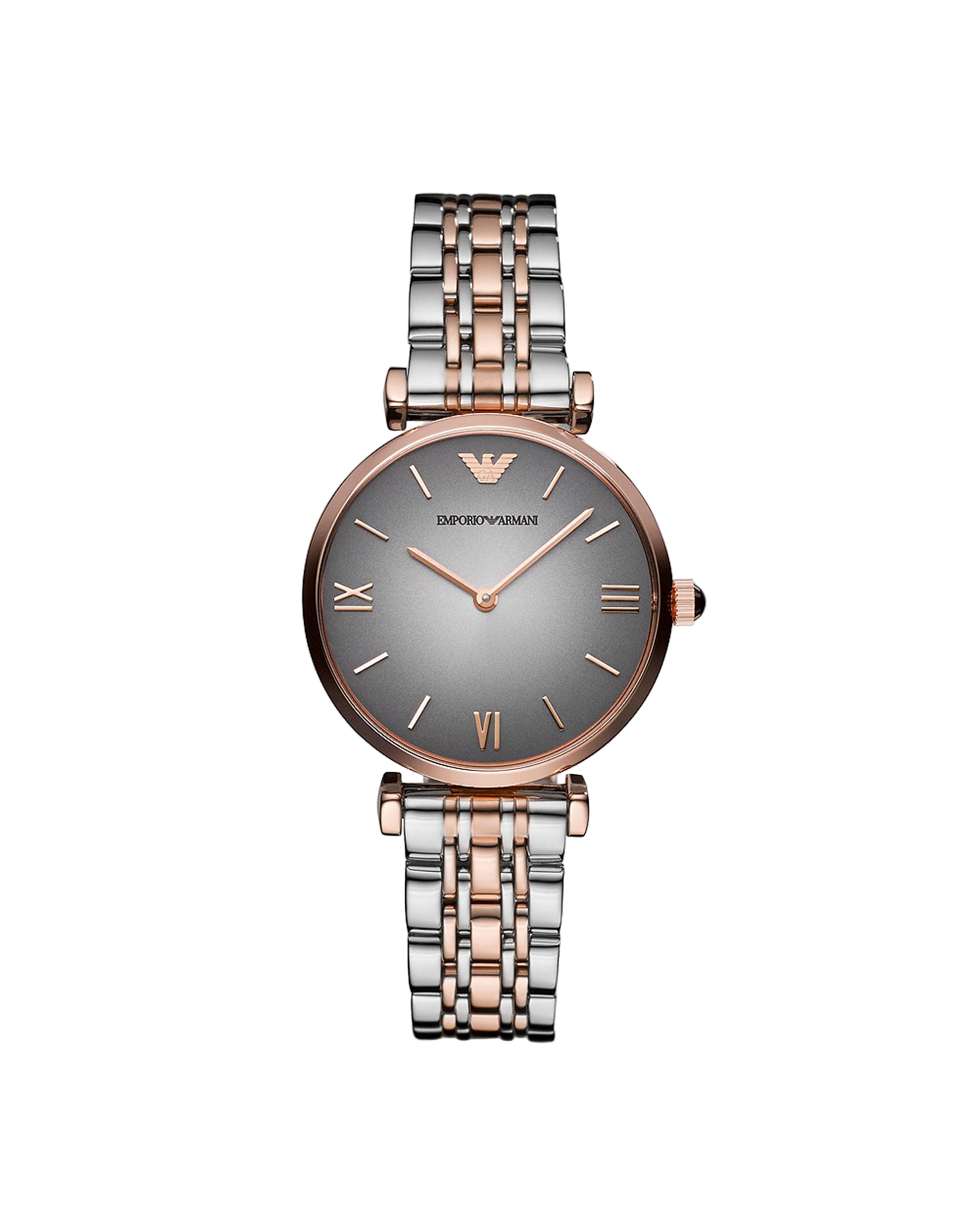 A two-tone stainless steel Emporio Armani women's watch with a gray dial, rose gold case, and silver strap.