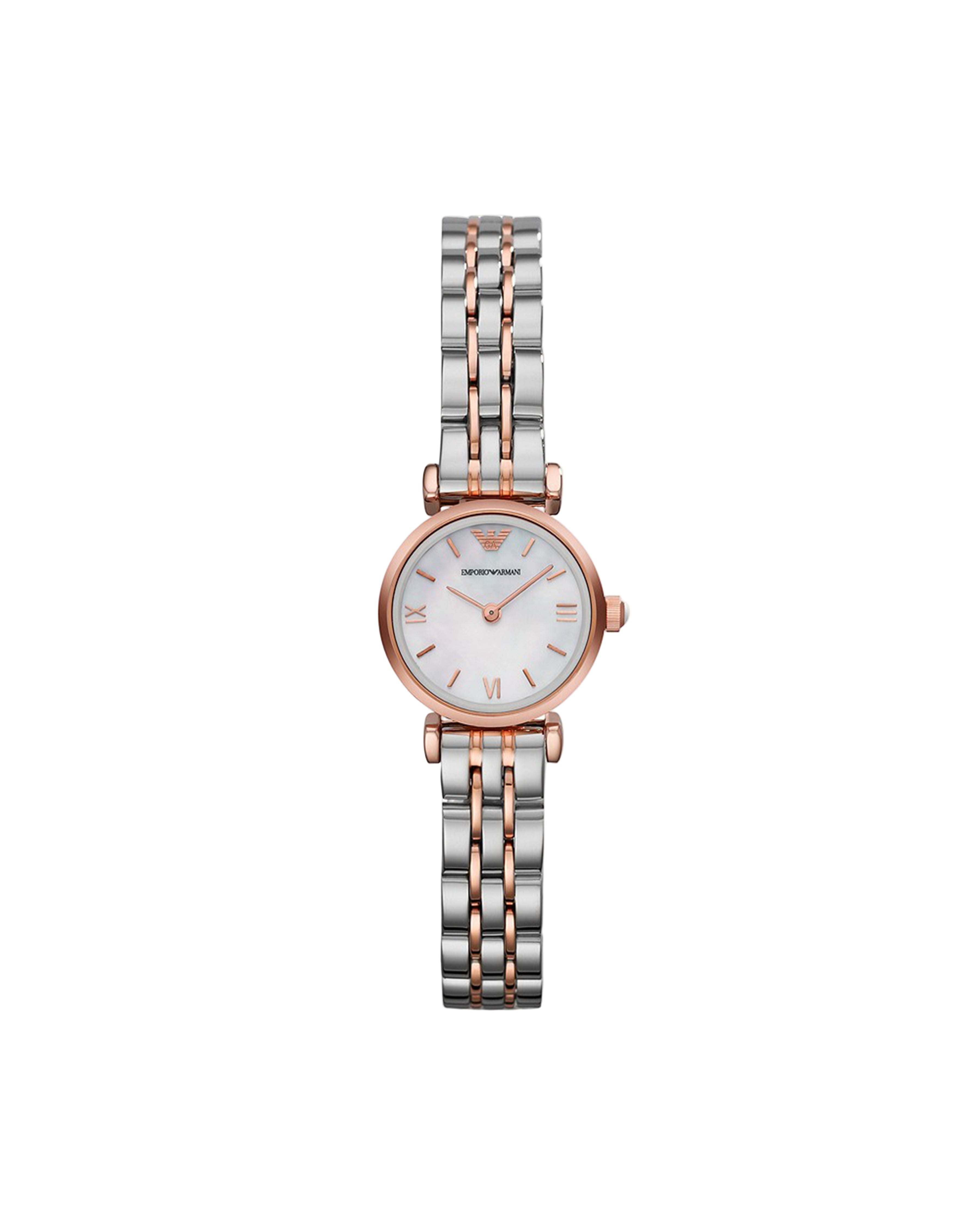 A stainless steel Emporio Armani women's watch with a white dial and a rose gold bracelet.