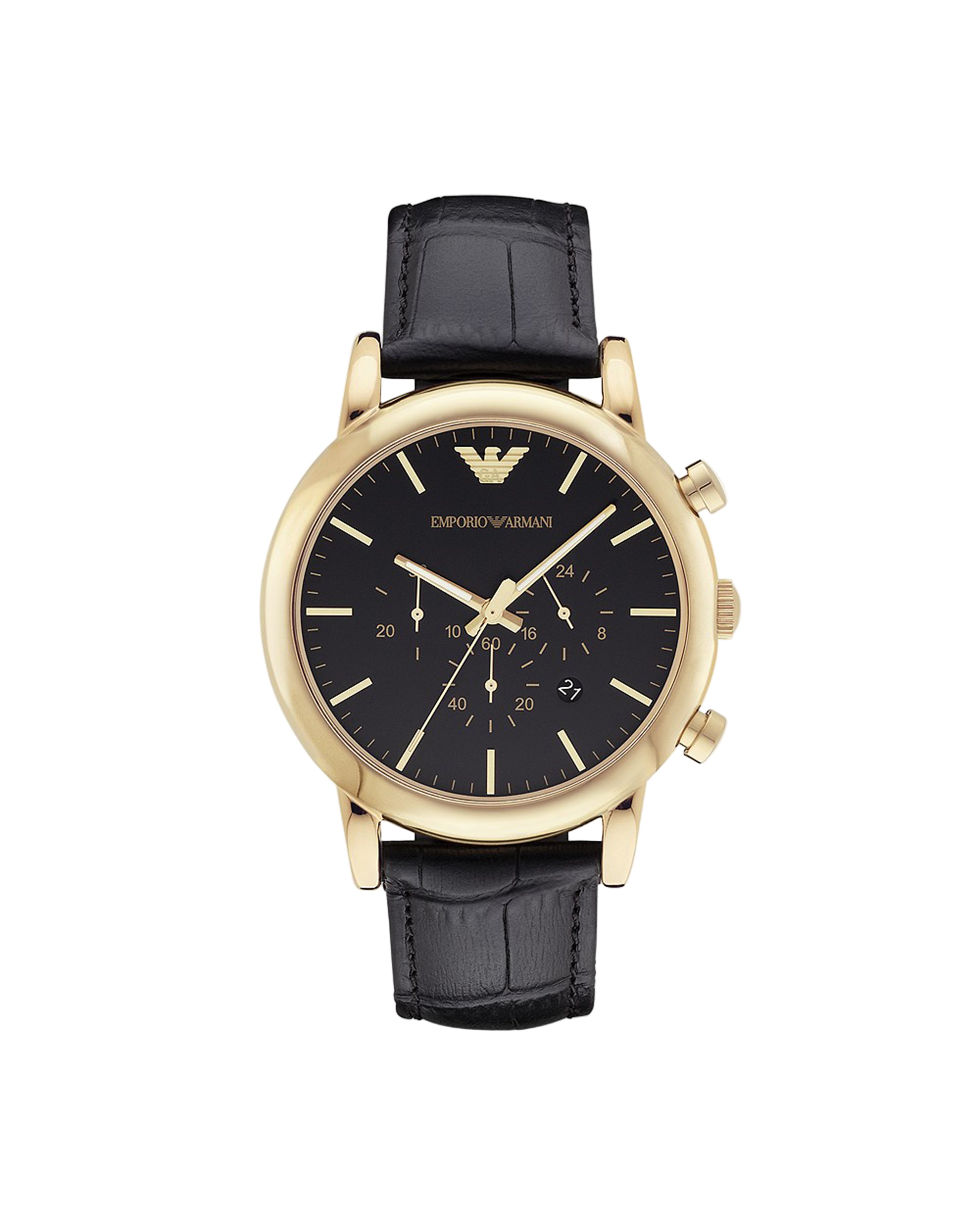 A men's Emporio Armani watch with a black dial, gold case, and black leather band.