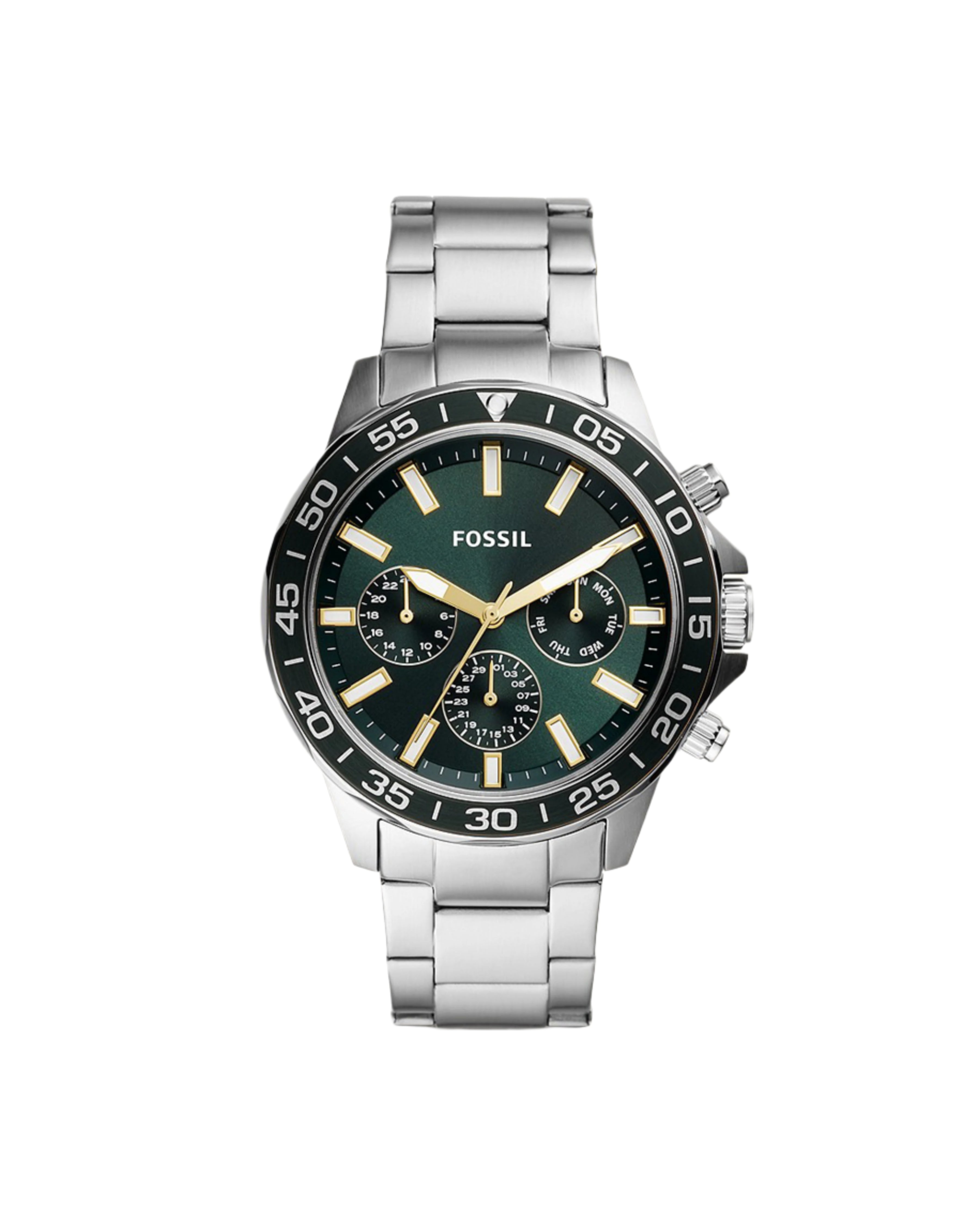 A Fossil branded watch with a green dial, silver-tone stainless steel bracelet, and a silver case.