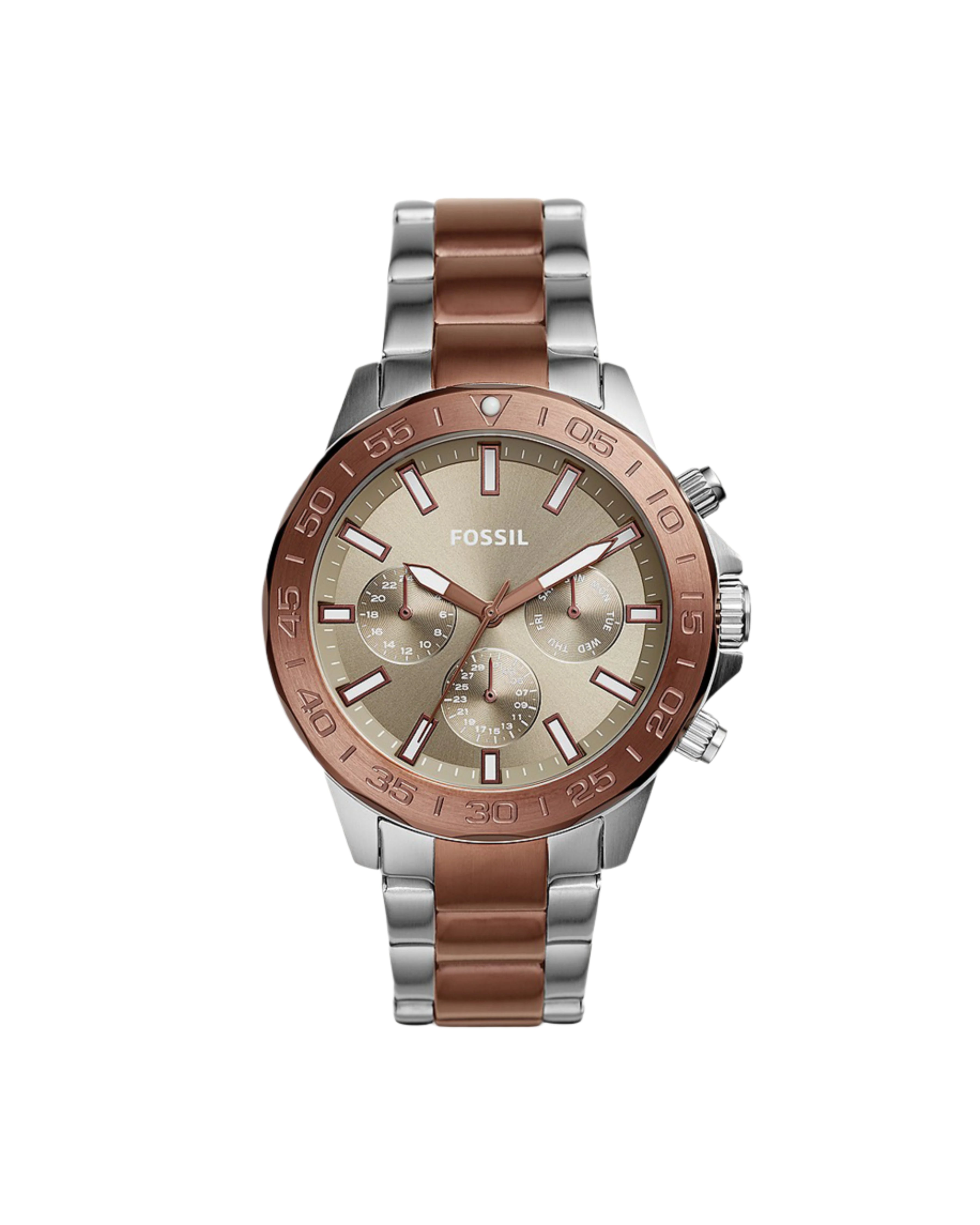 A Fossil Bannon watch with a gold case and green dial, accompanied by a two-tone stainless steel strap with a foldover clasp.