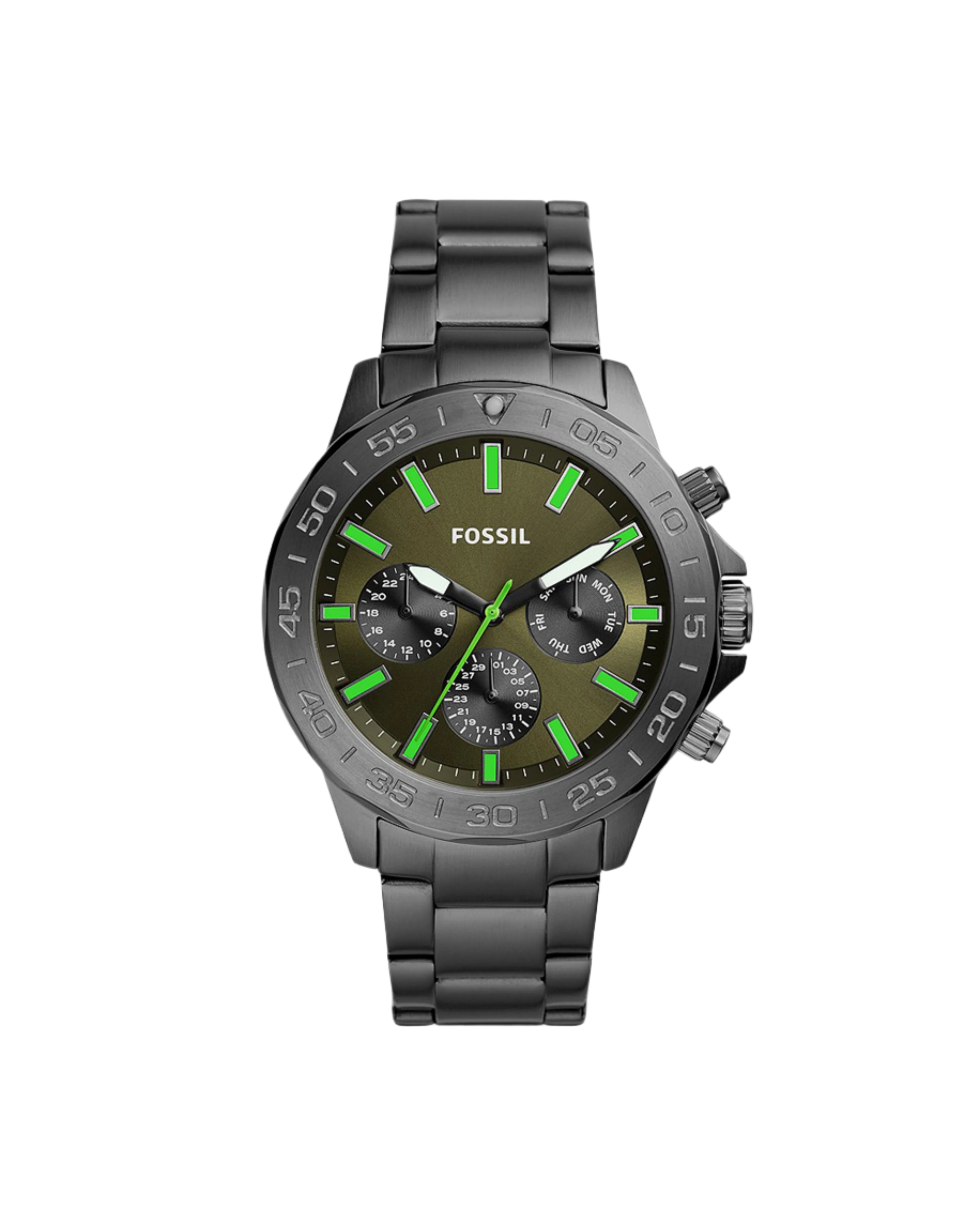 A Fossil brand men's chronograph quartz watch with a green dial and stainless steel band.
