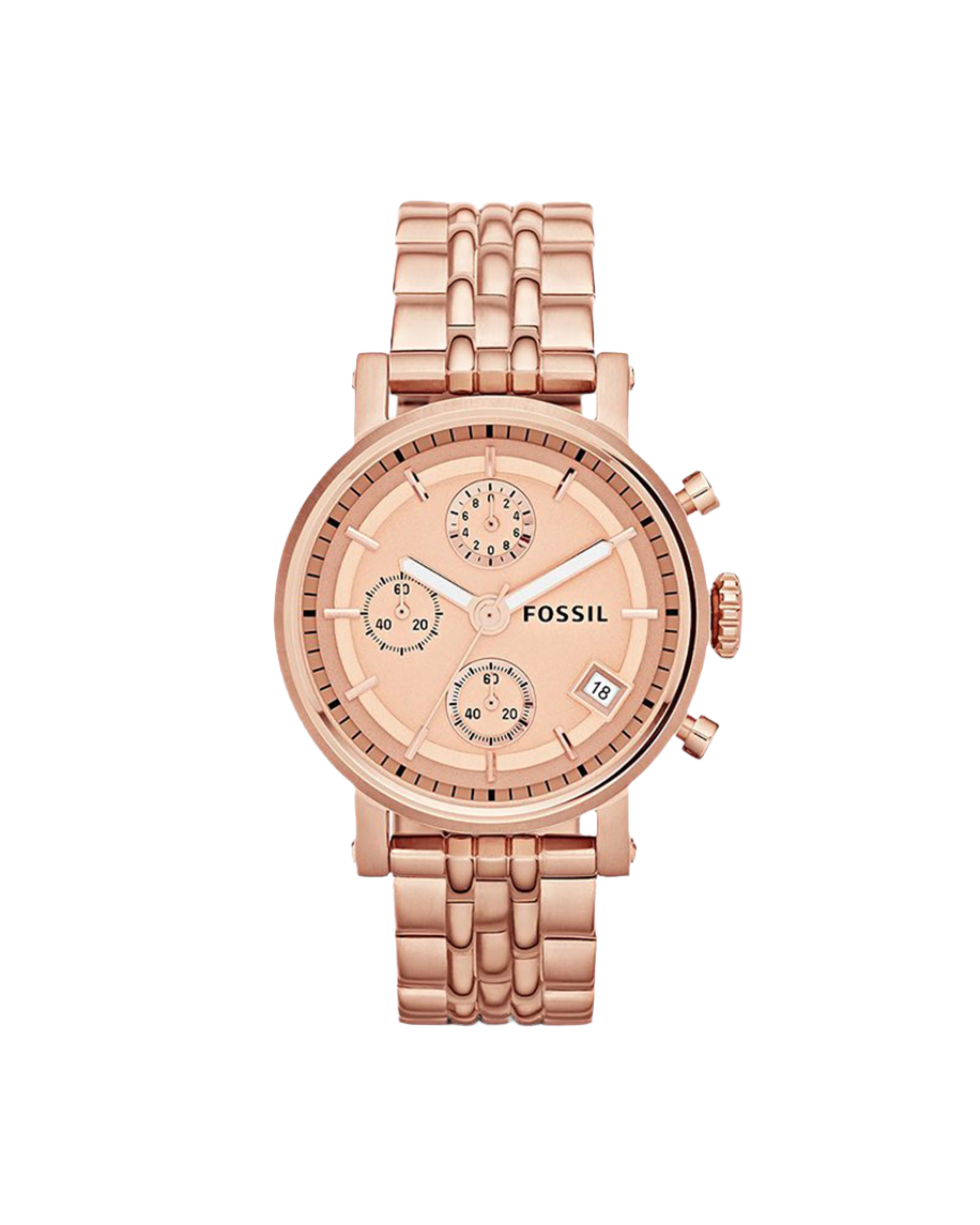 A rose gold Fossil wristwatch with a stainless steel band and case, featuring a pink dial with multiple dials and a date display.