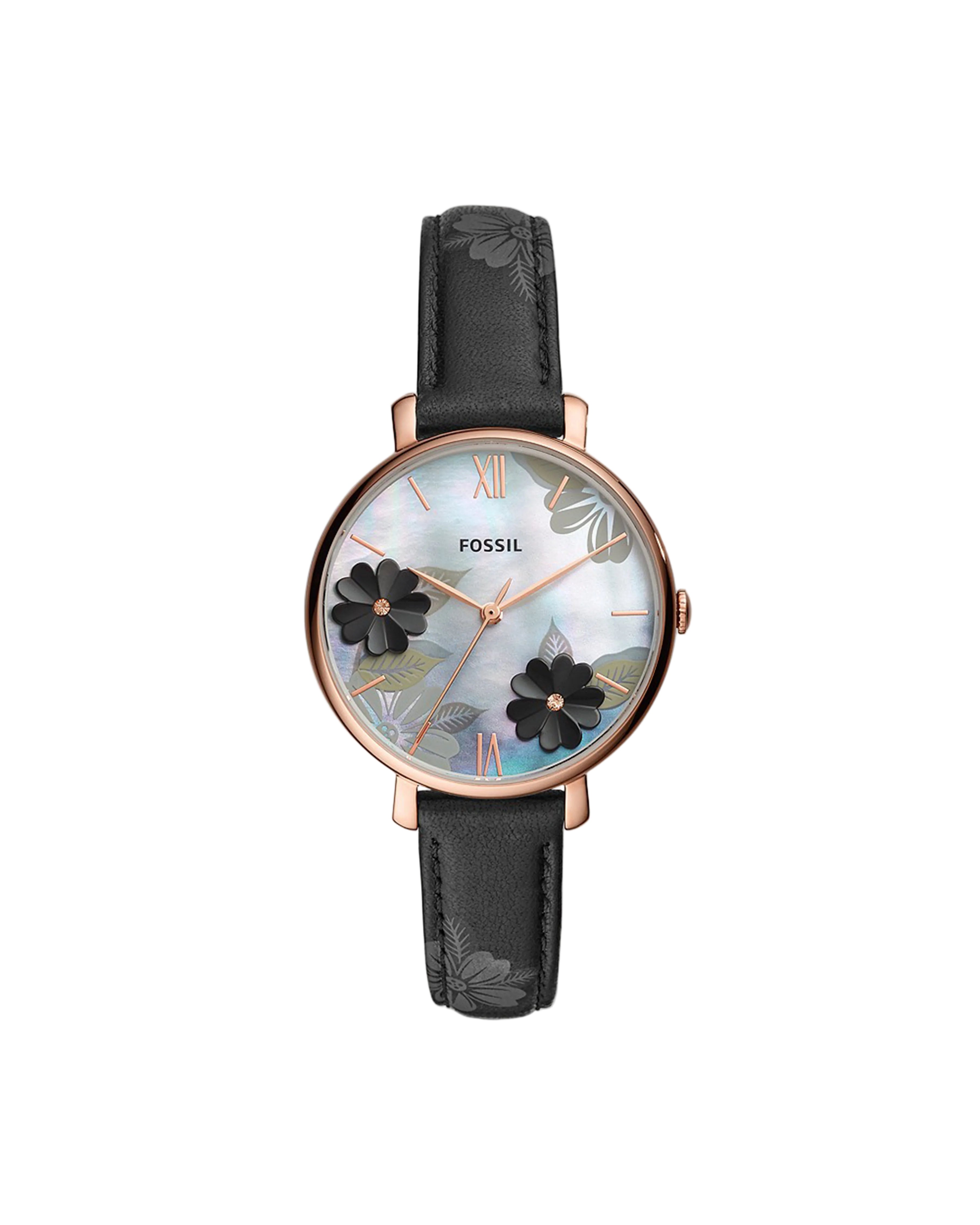 A rose gold-tone stainless steel Fossil watch with a black floral dial and a black leather band.