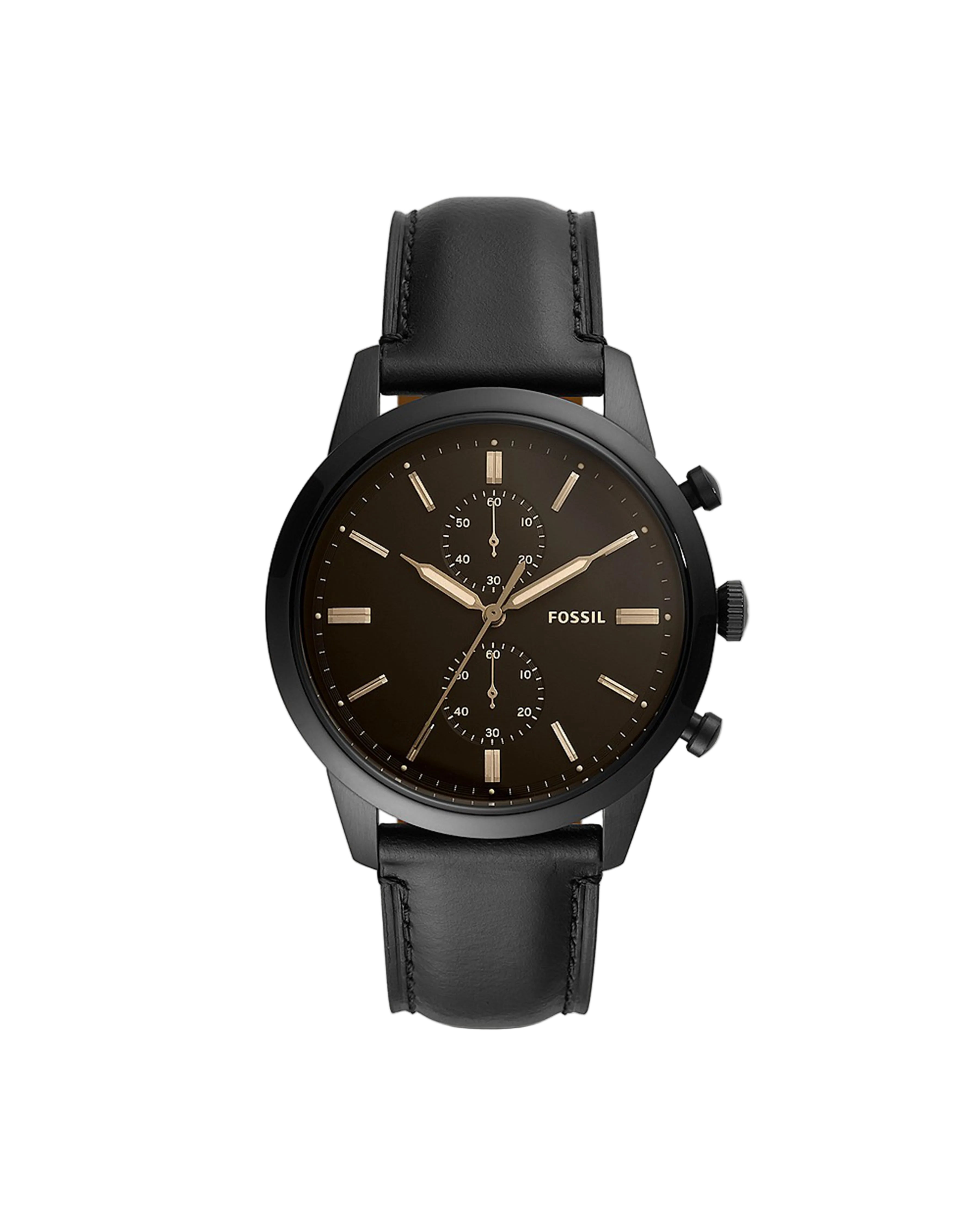 A black Fossil watch with a round dial, leather band, and stainless steel case.