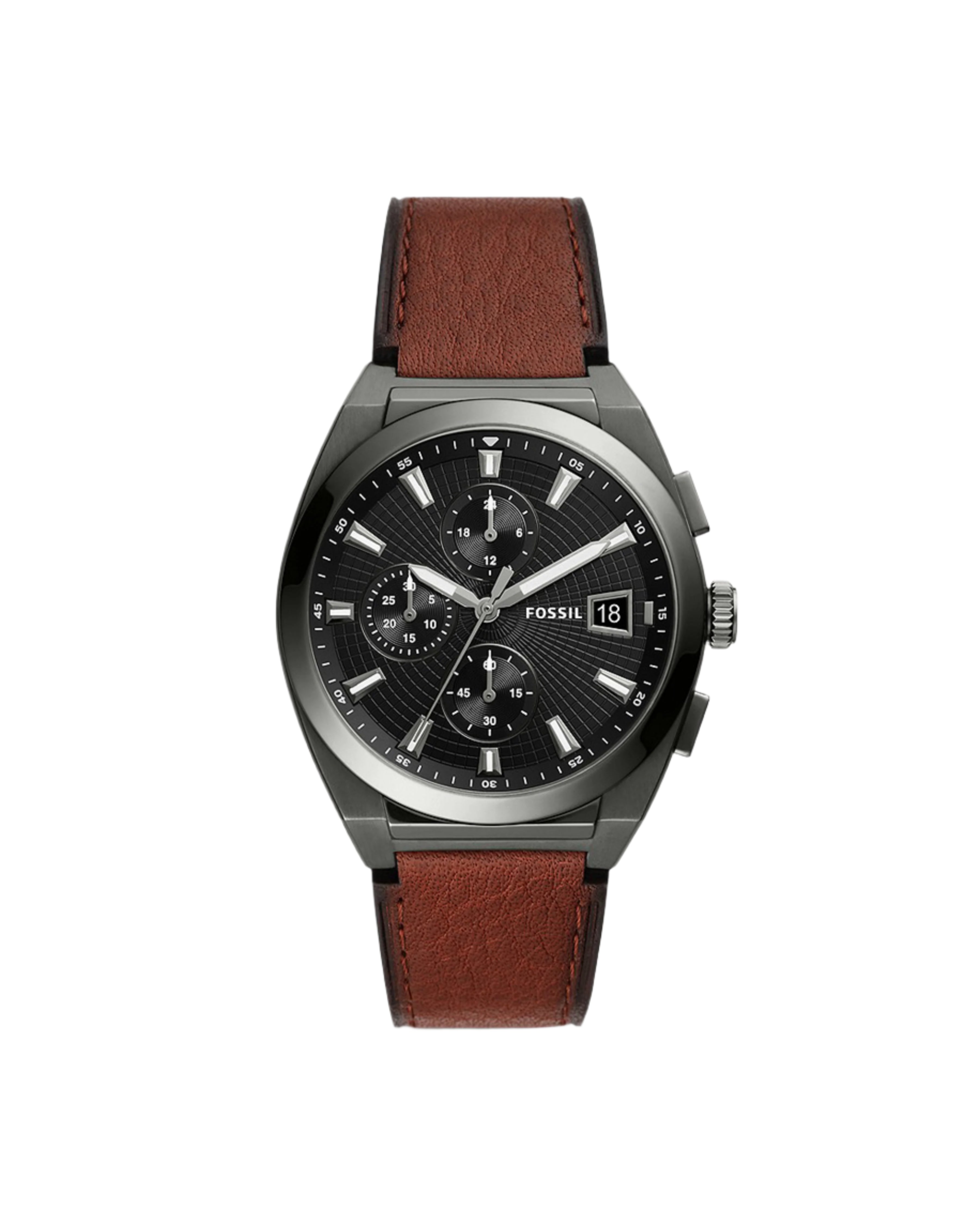 A gunmetal-plated stainless steel watch with a brown leather strap, featuring a grey dial with luminous hands and index hour markers, a chronograph display, and a date function at the 3 o'clock position.
