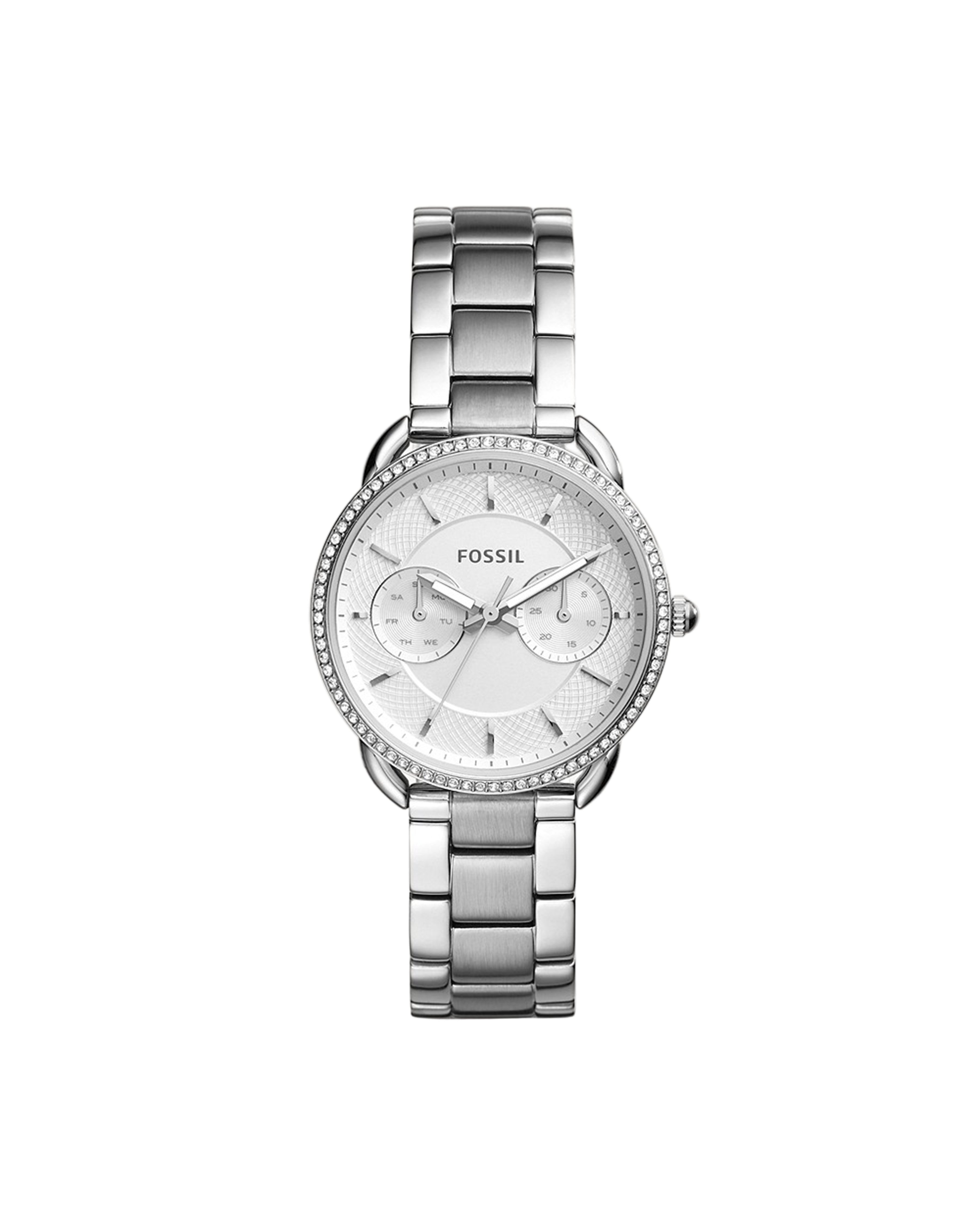 A stainless steel Fossil Tailor ladies watch with a silver dial, crystal-set bezel, and a bracelet with a fold over clasp.