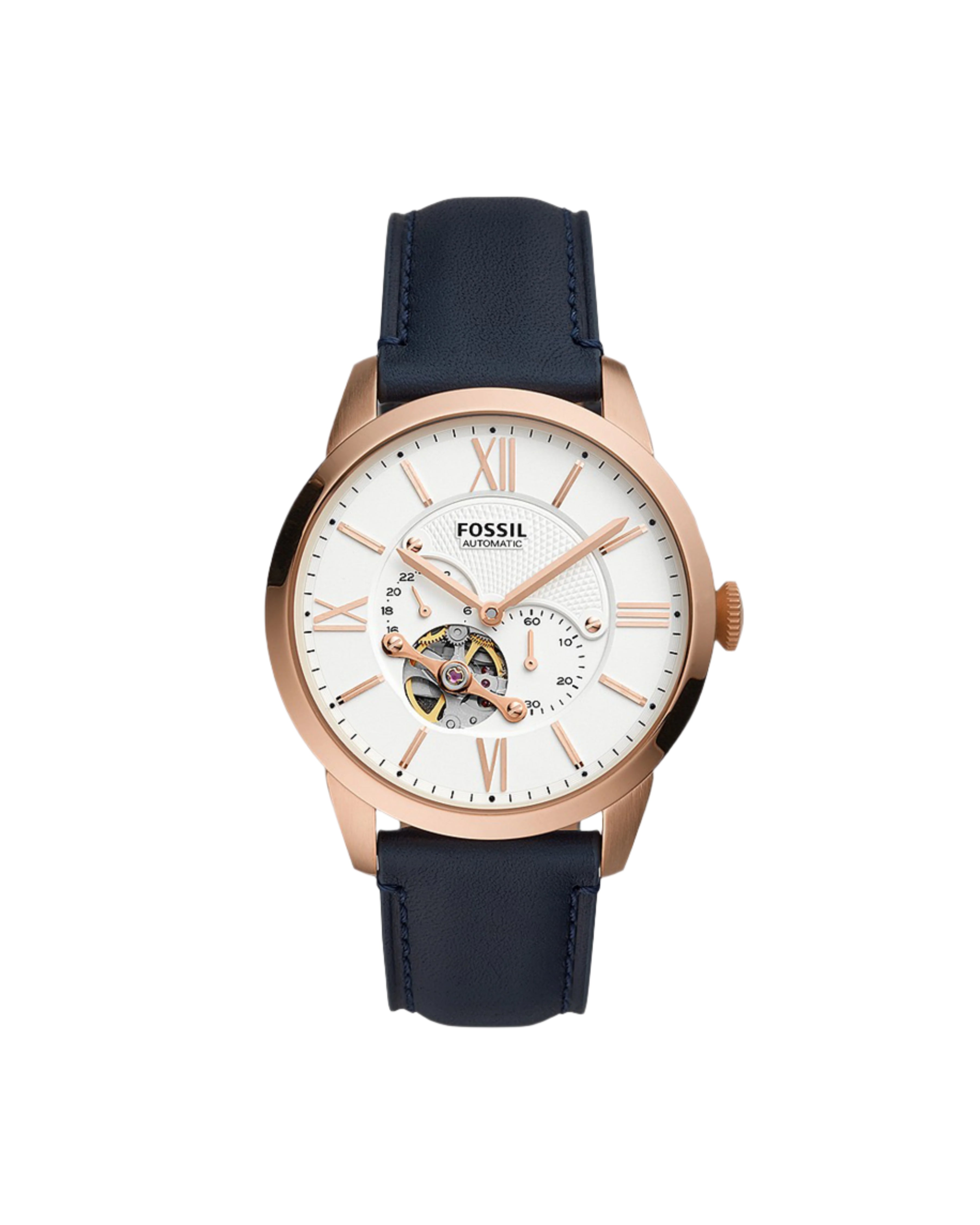 A men's analog watch with a skeleton dial, stainless steel case, and a dark brown leather strap. The watch has a silver-colored face with gold-colored hands and markers.