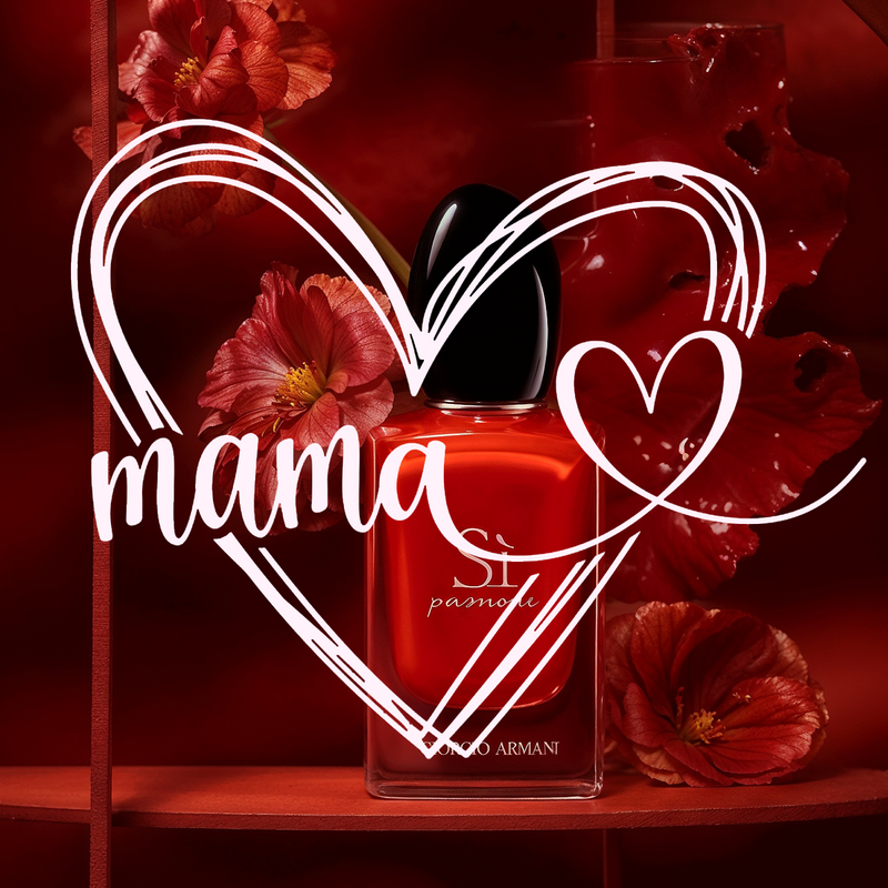 a Gorgio Armani perfume in the background with a mama and heart design overlay