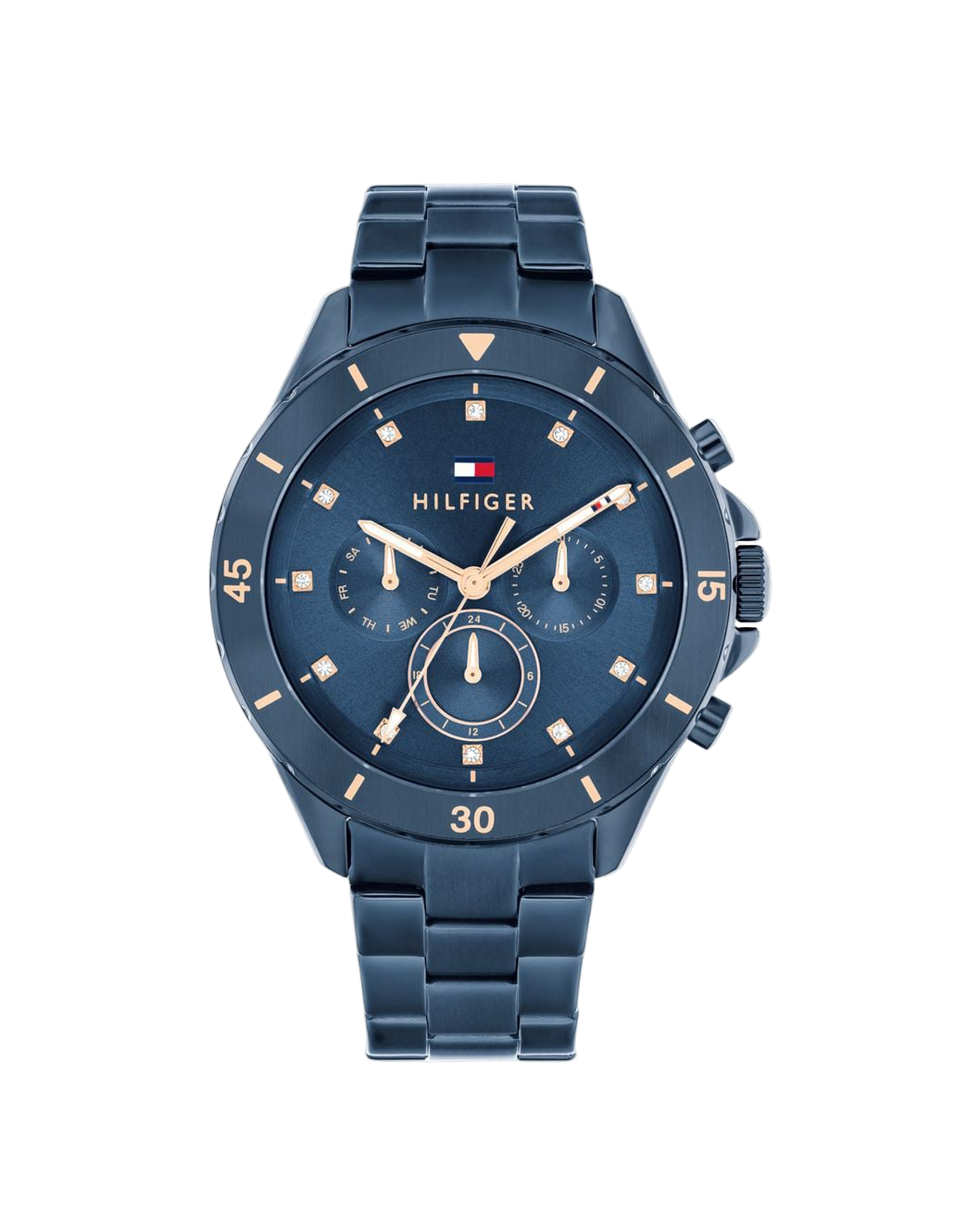 Blue Tommy Hilfiger watch on a white background