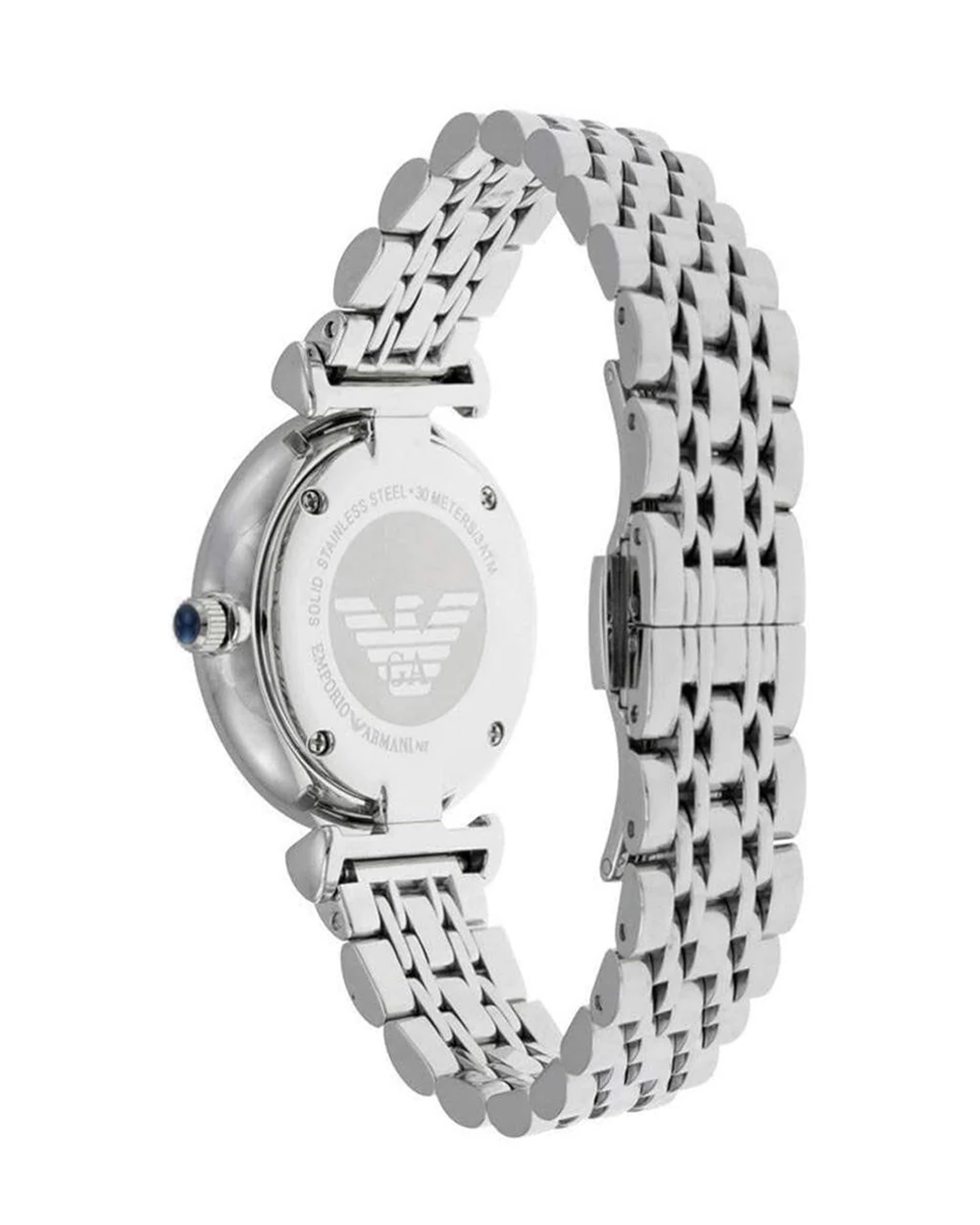 Silver watch with a detailed metal strap on a white background