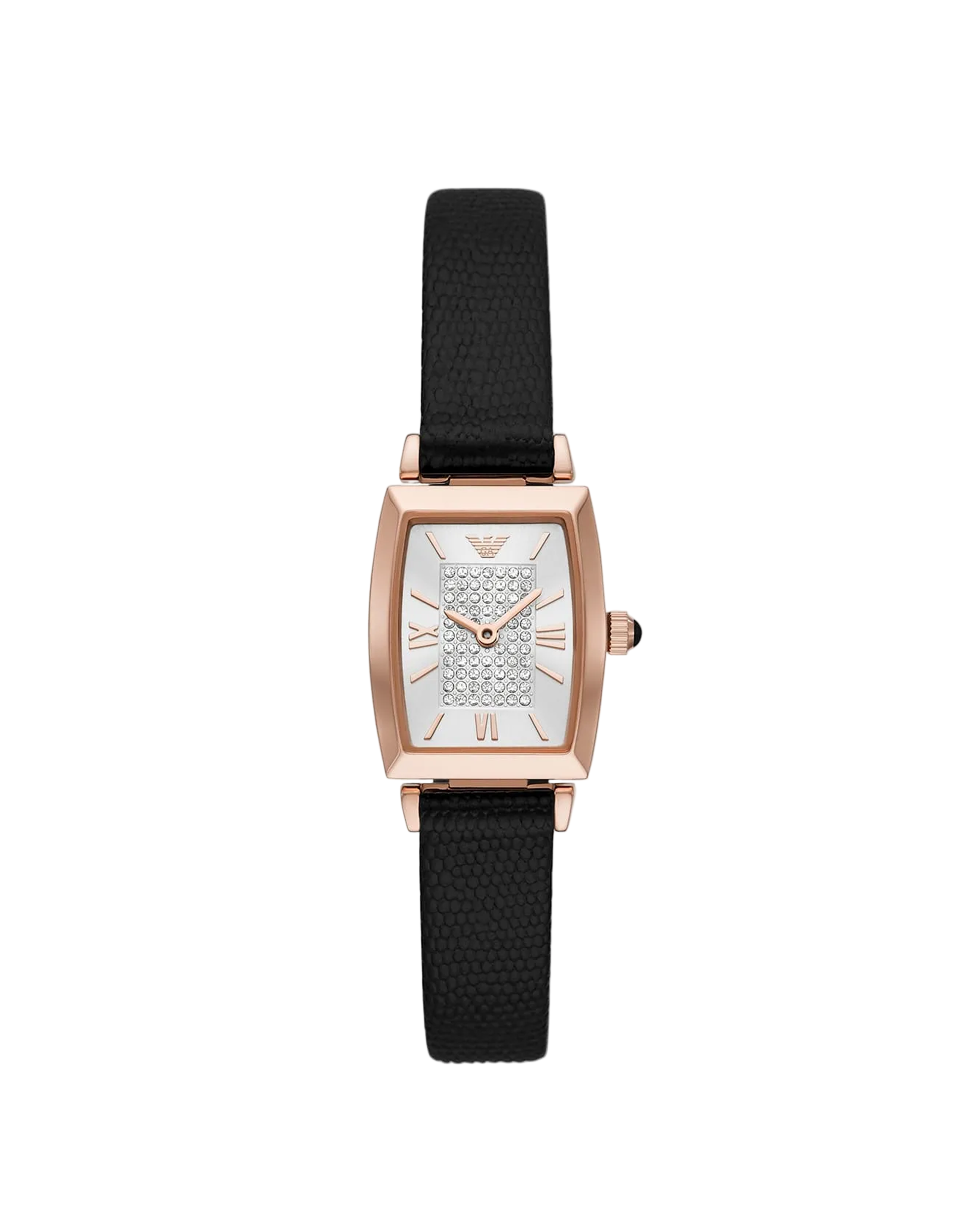 Watch with black strap and rose gold case on a white background
