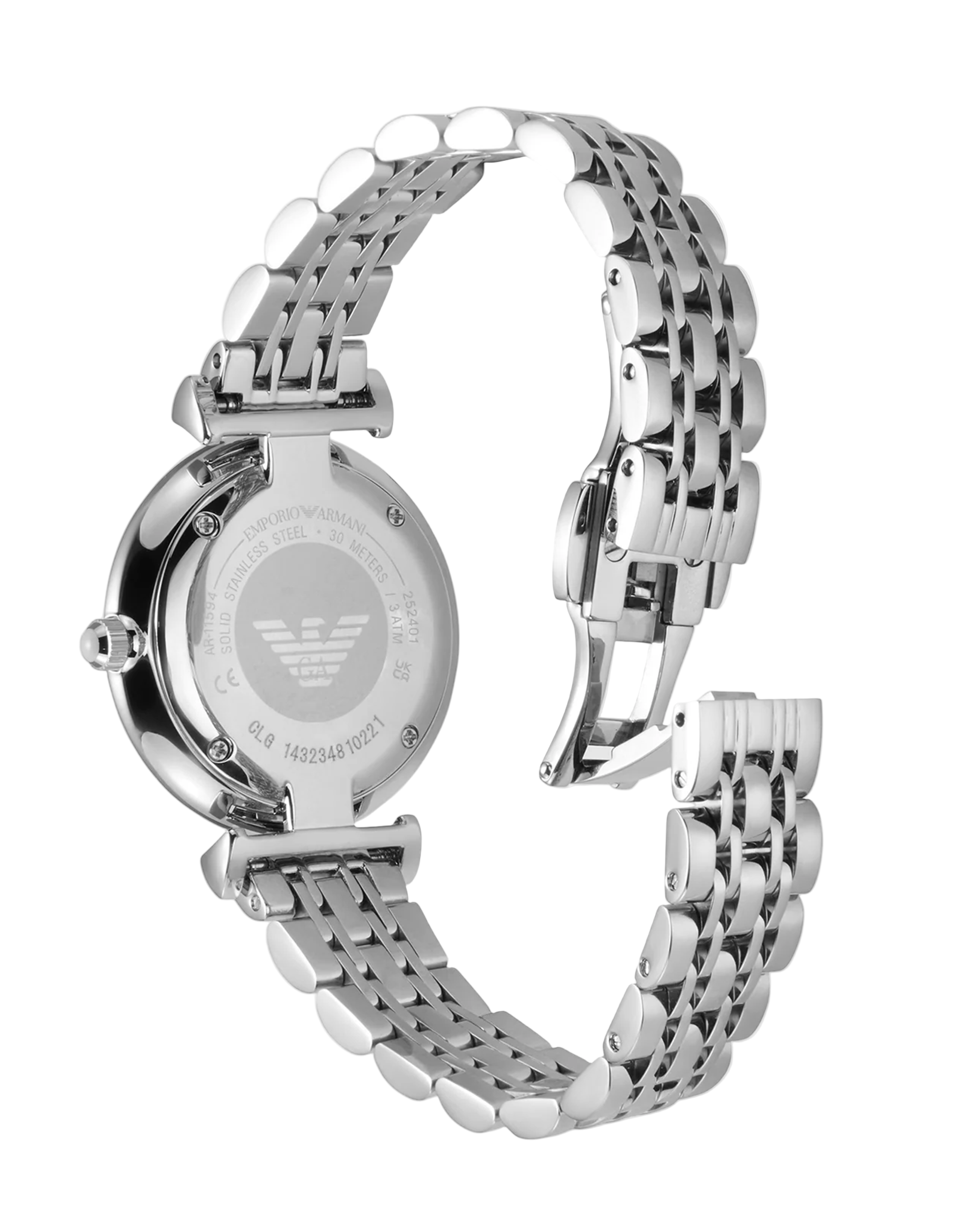 Silver watch with metal band on a light gray background