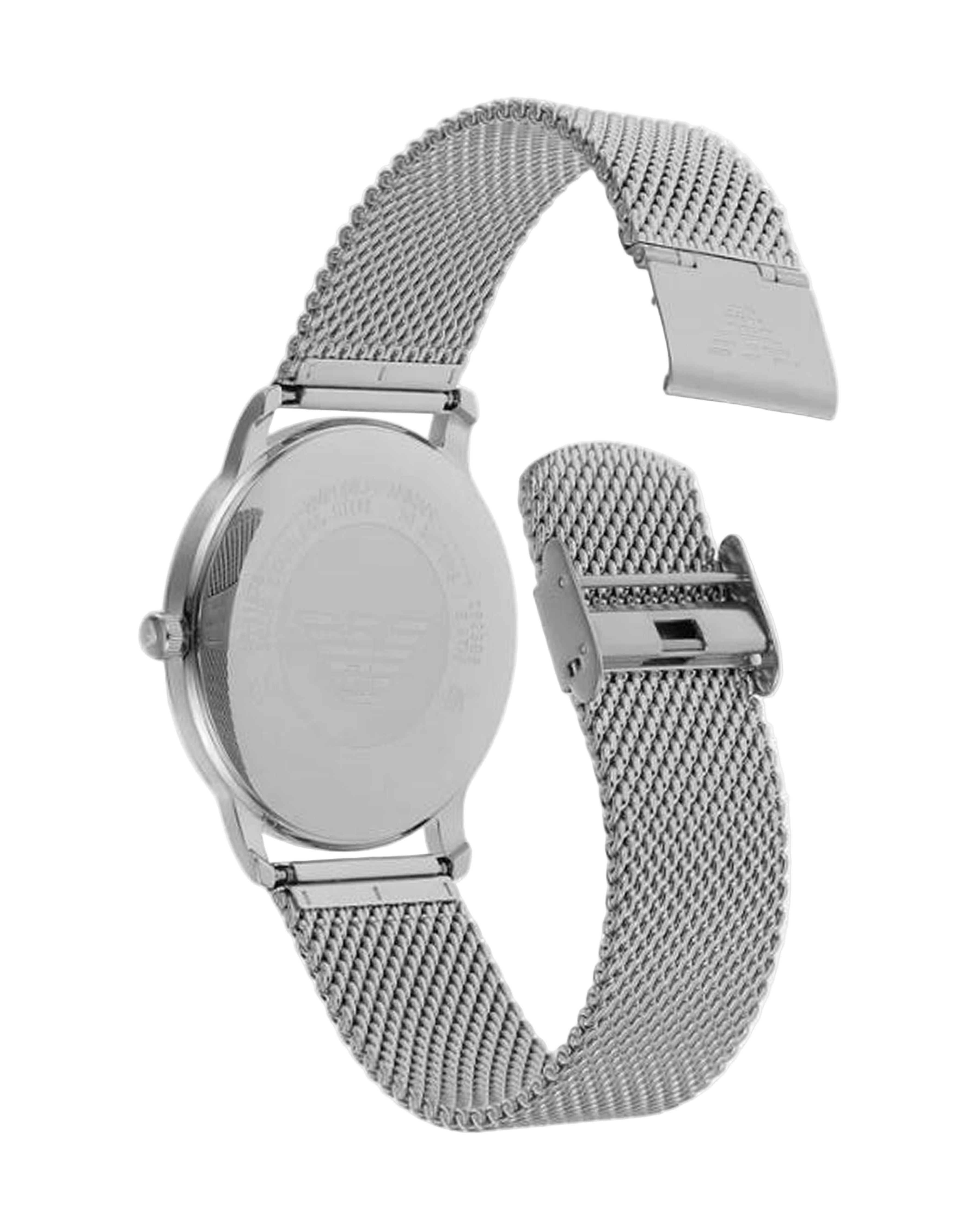 Silver watch with mesh band on a white background