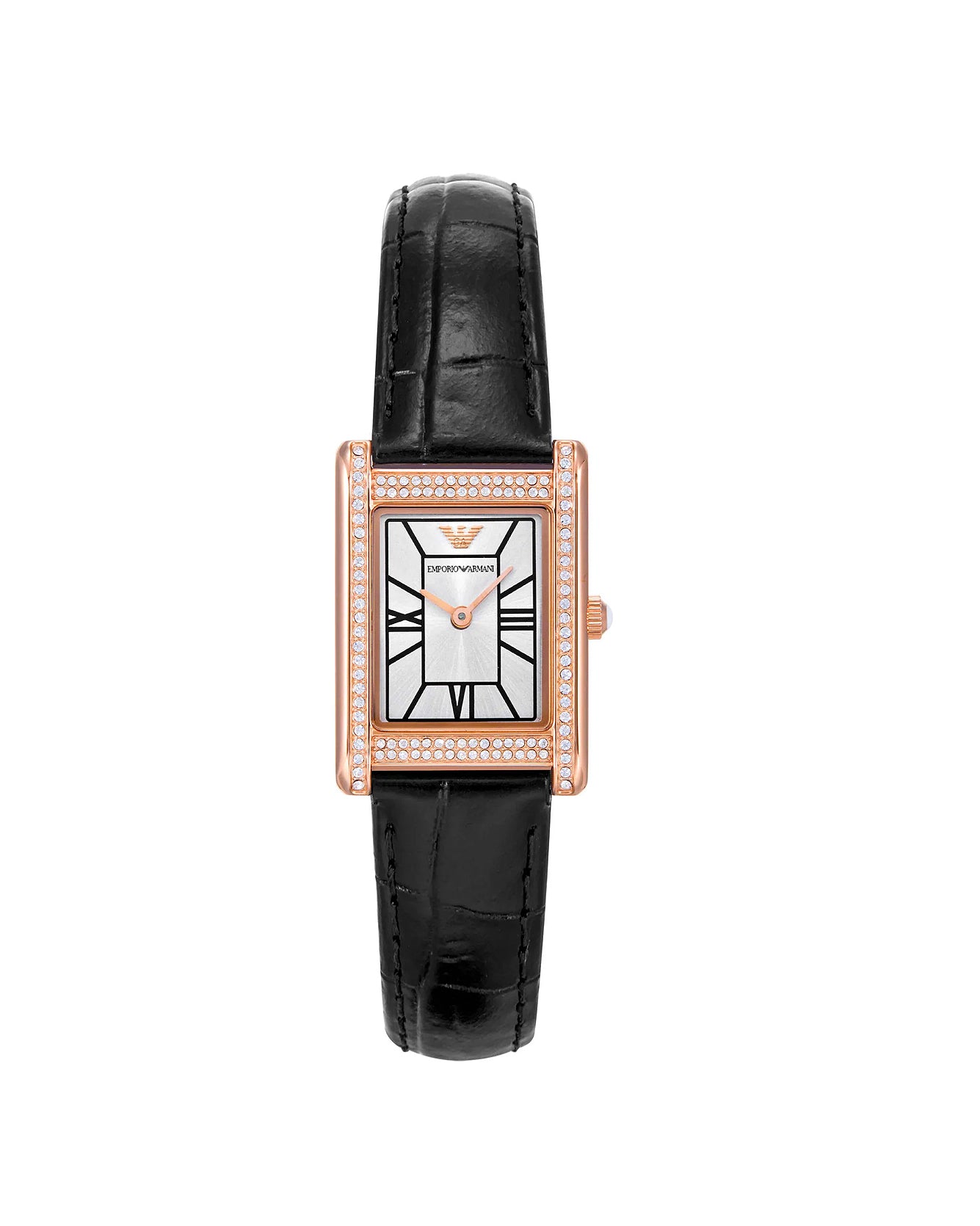 Luxury watch with black leather strap and rose gold case on a white background