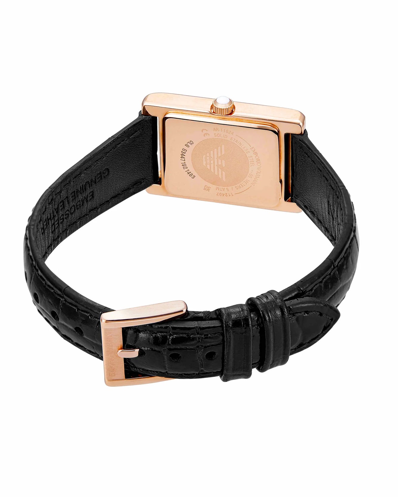 Black leather watch with rose gold buckle and square clasp on a white background