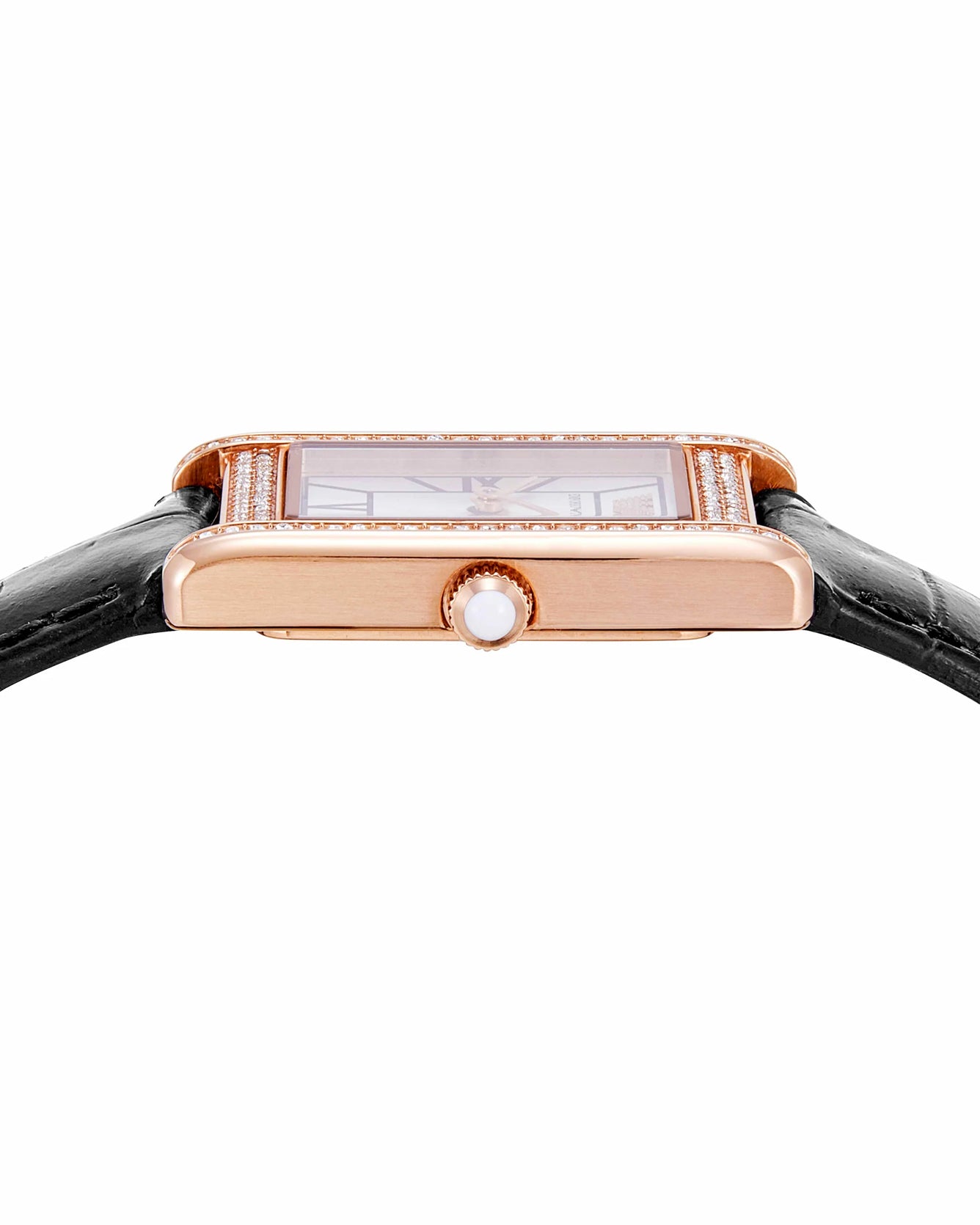 Rose gold watch with black strap on a white background