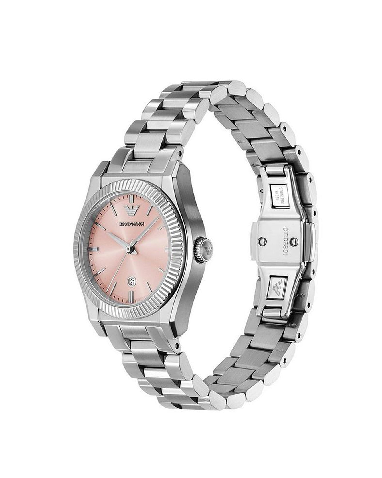 Silver watch with a pink face on a white background